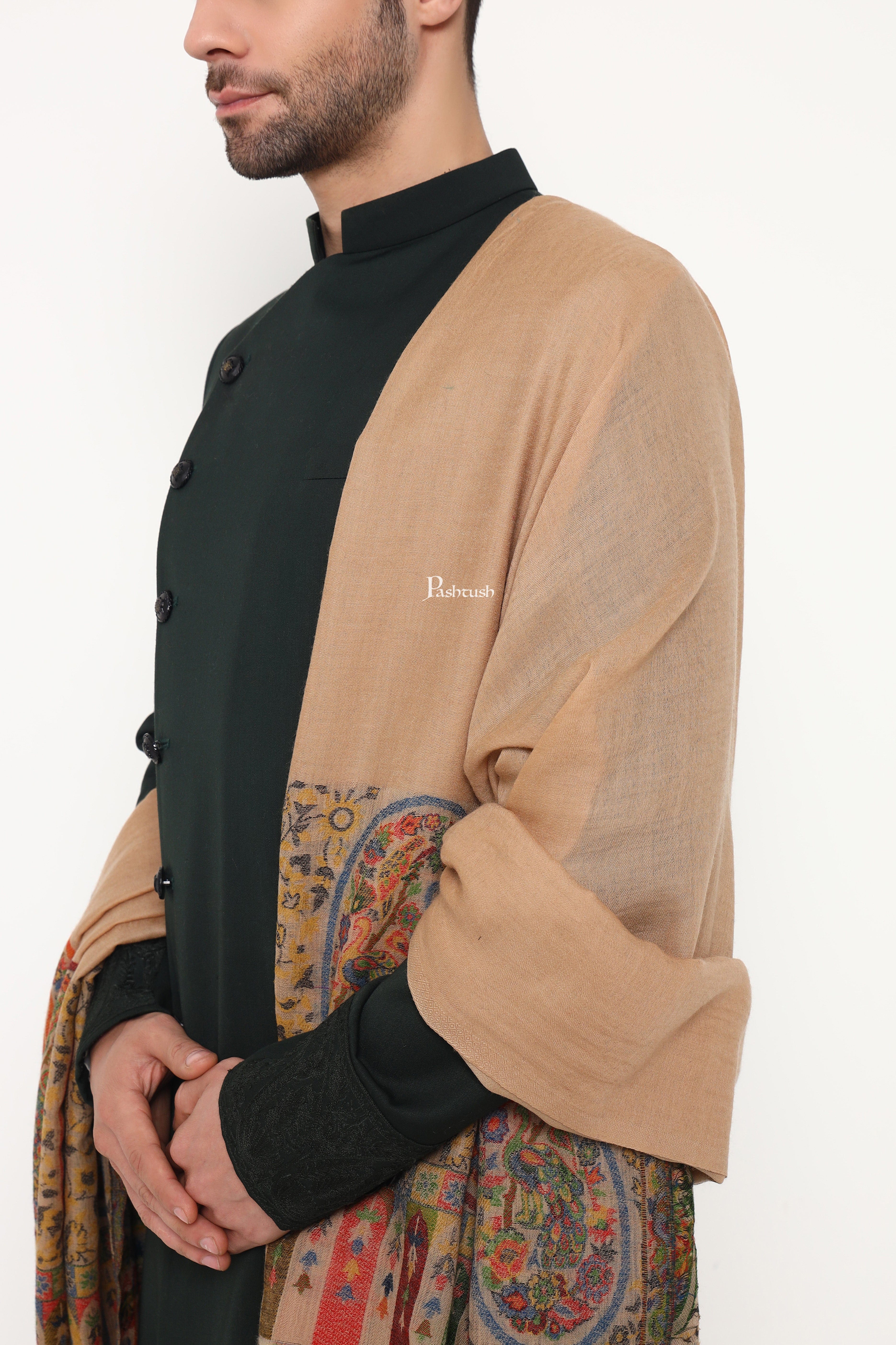 Pashtush Mens 100% Pure Wool With Woolmark Certificate Stole, Ambi Design, Beige - Image 6