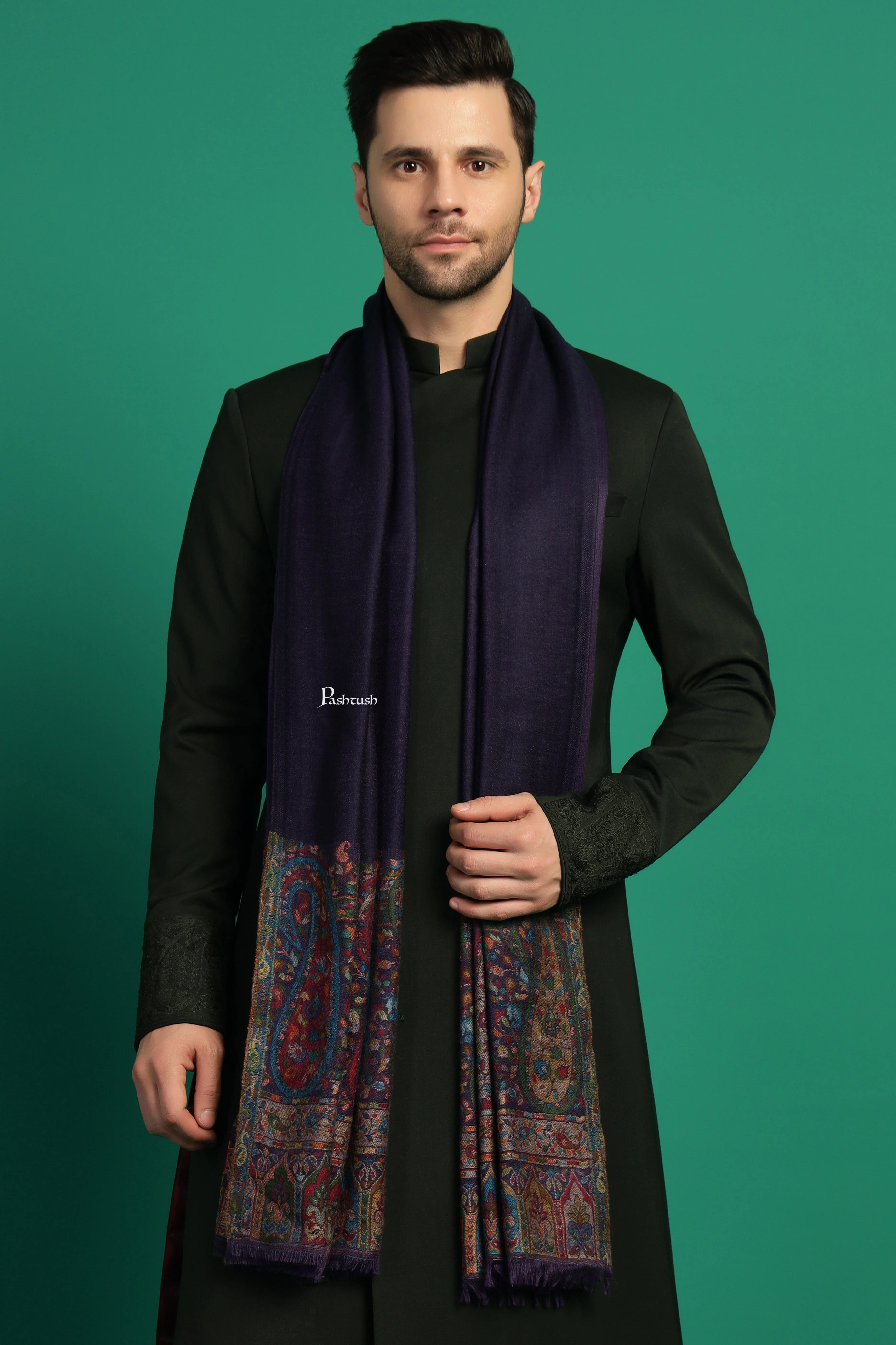 Pashtush Mens 100% Pure Wool With Woolmark Certificate Stole, Ambi Palla Design, Blue - Image 3