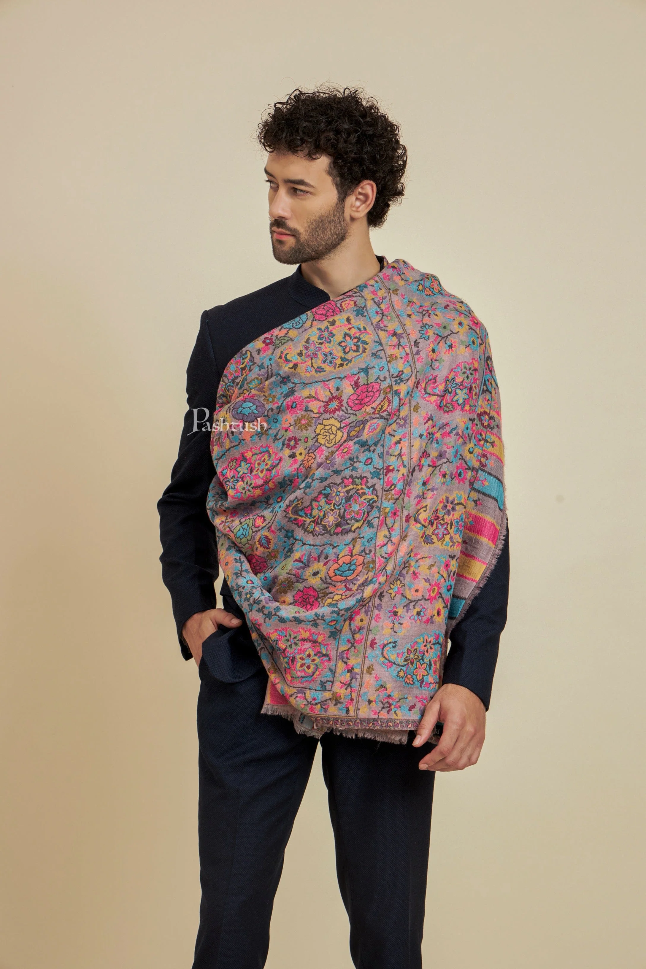 PASHTUSH MENS EXTRA FINE WOOL, PAISLEY ETHNIC WOVEN STOLE - Image 5
