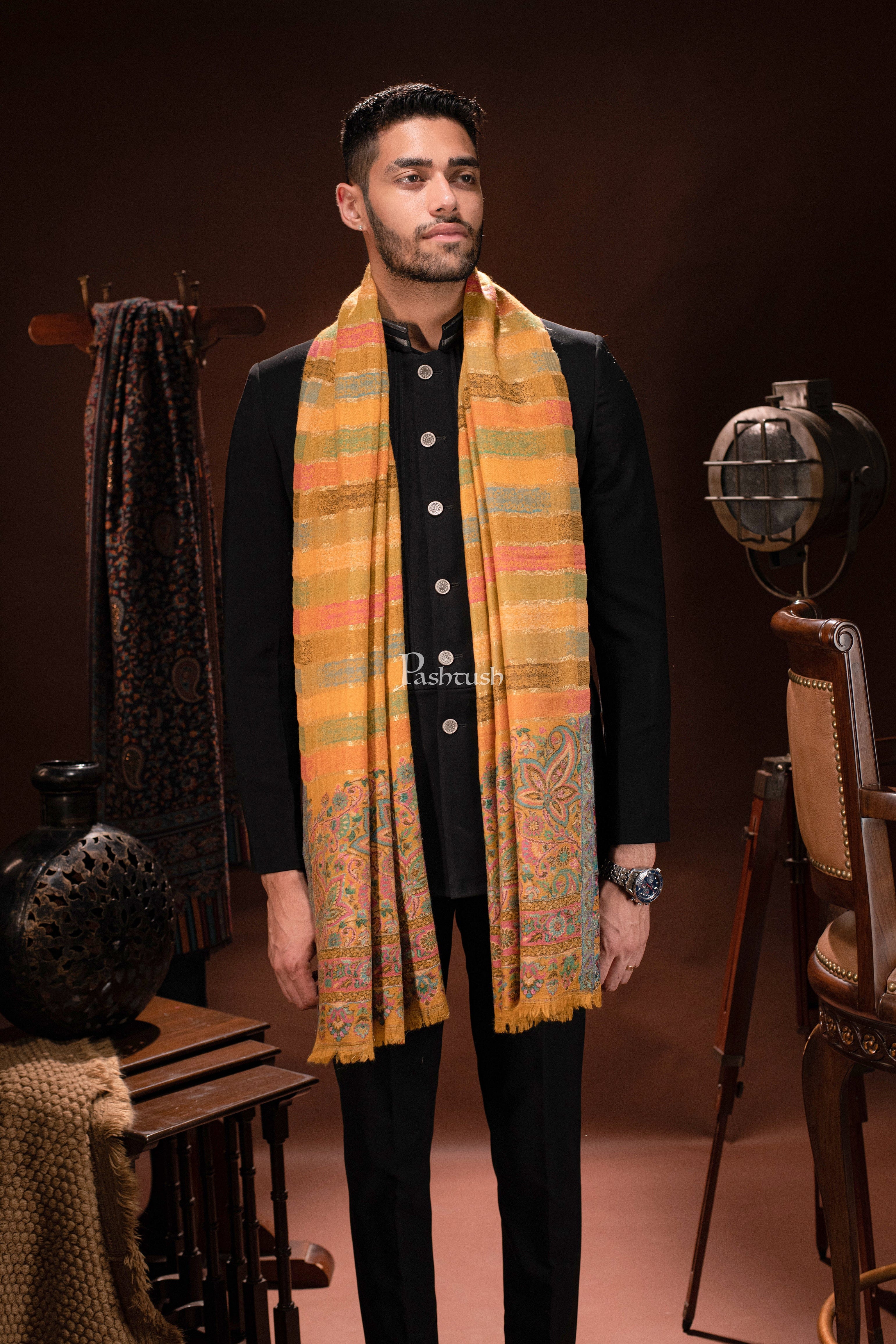 Pashtush mens 100% Pure Wool with Woolmark Certificate stole, Ethnic Stripe design, Mustard - Image 3