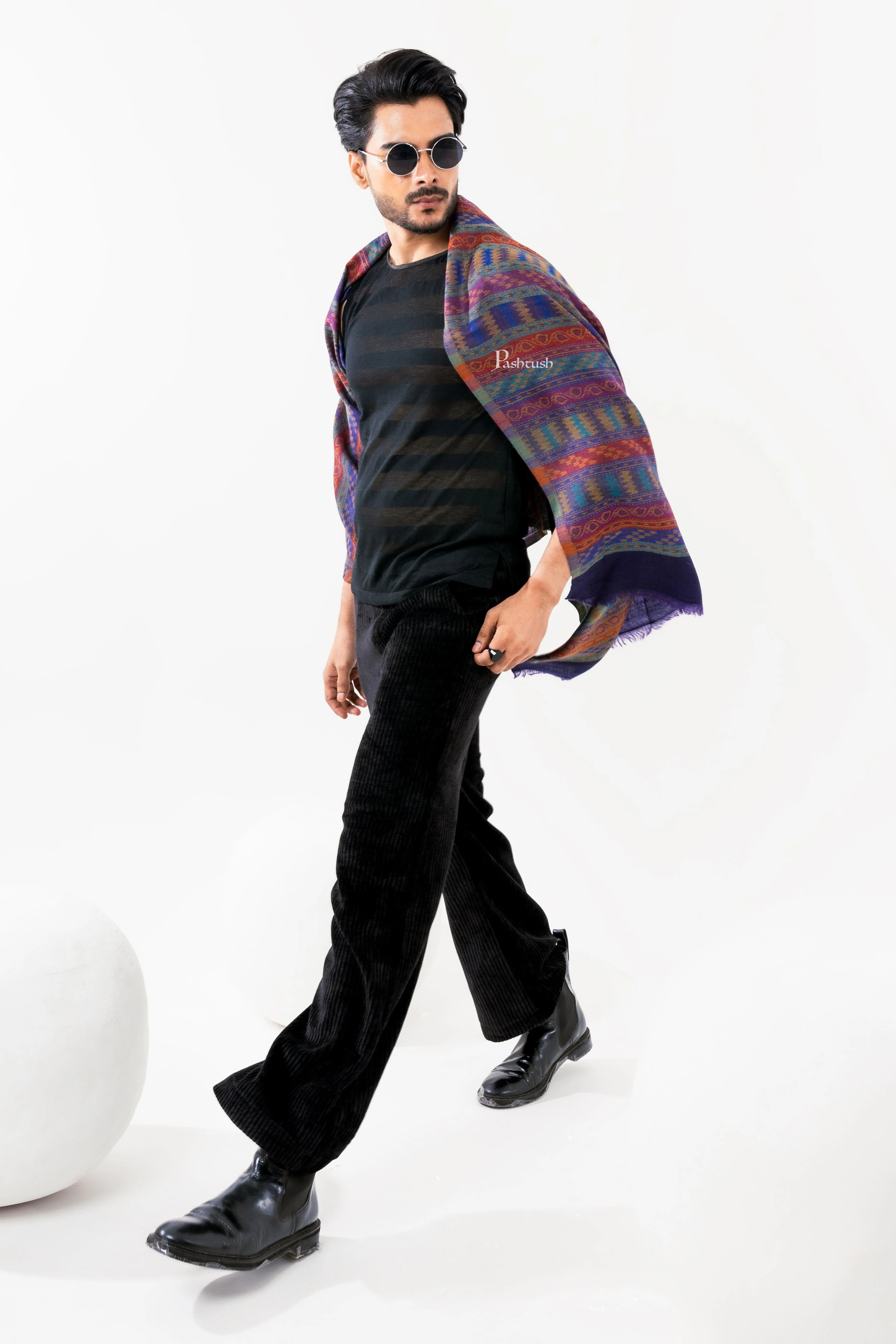 Pashtush Mens 100% Pure Wool With Woolmark Certificate Stole, Mutli Stripe Design, Blue - Image 3