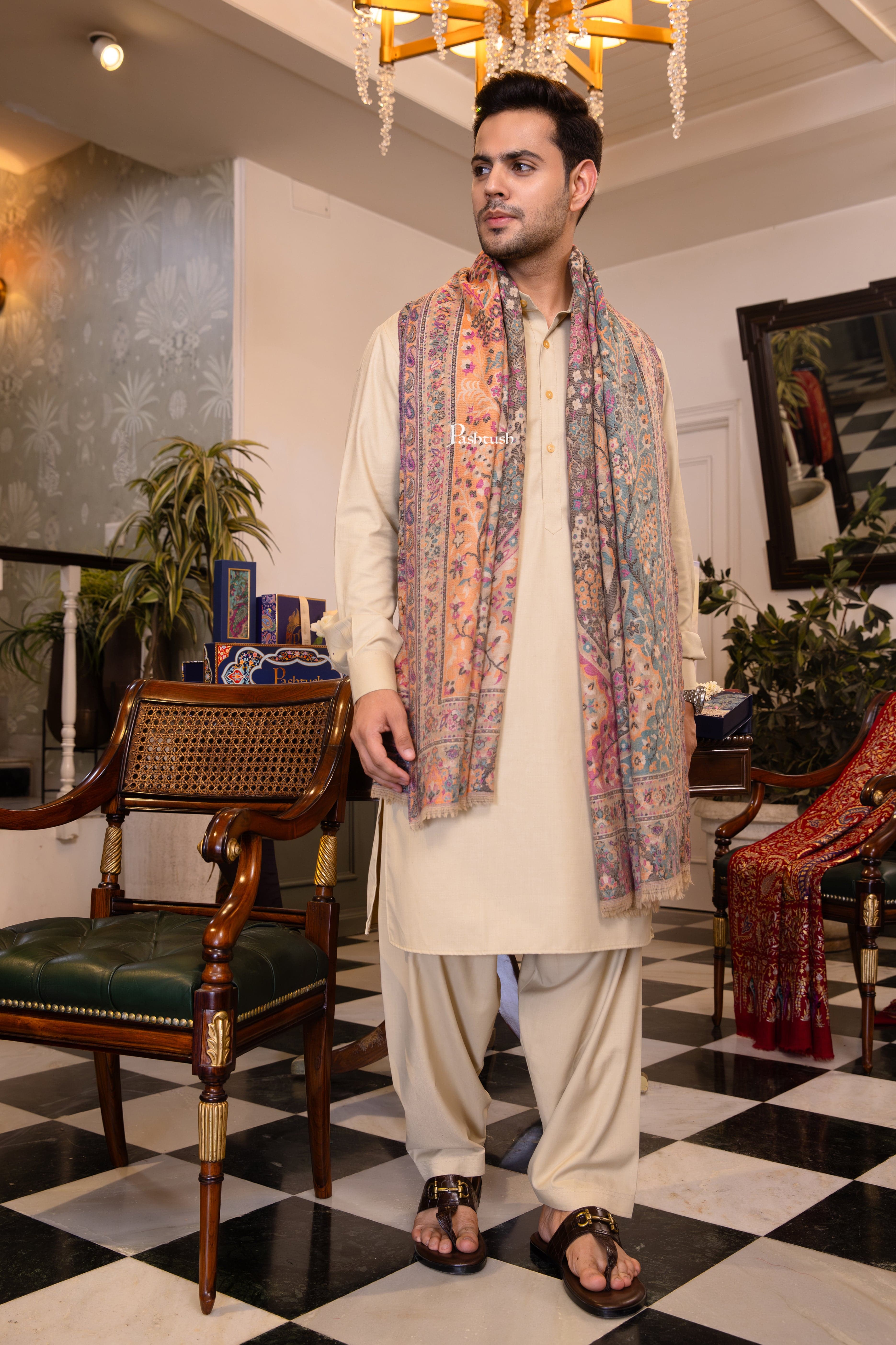 Pashtush Mens 100% Pure Wool With Woolmark Certificate Stole, Paisley Design, Beige - Image 2