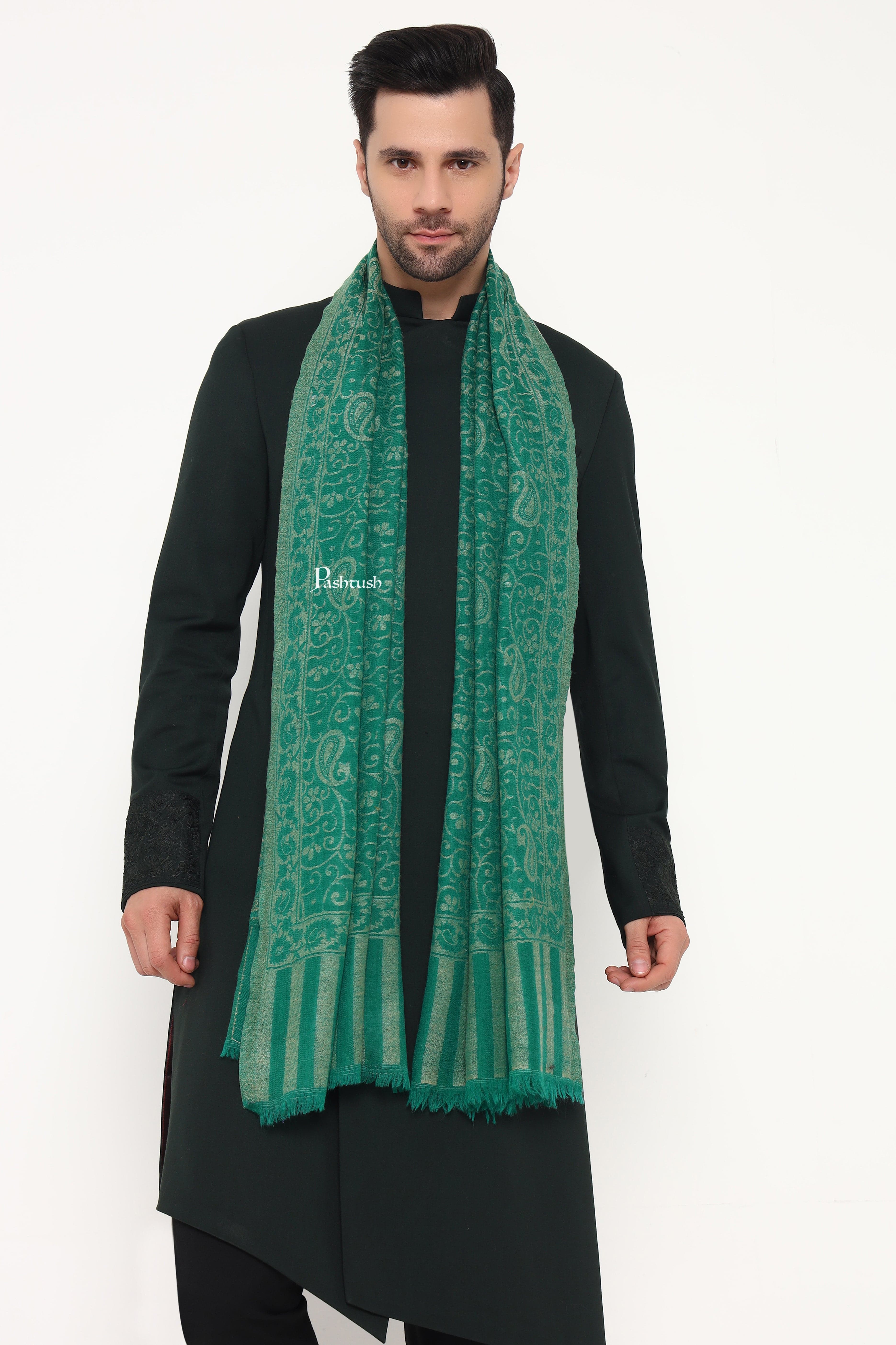 Pashtush Mens 100% Pure Wool With Woolmark Certificate Stole, Paisley Weave Design, Green - Image 3