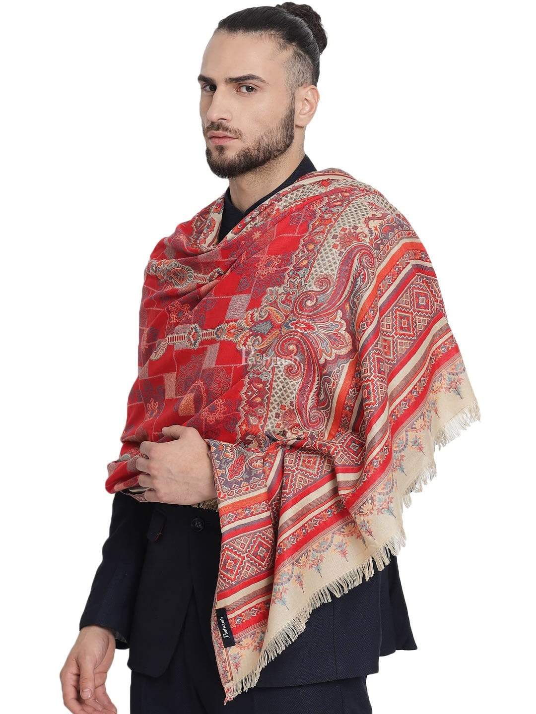 Pashtush Mens Aztec Jamawar Stole, Faux Pashmina - Maroon - Image 4