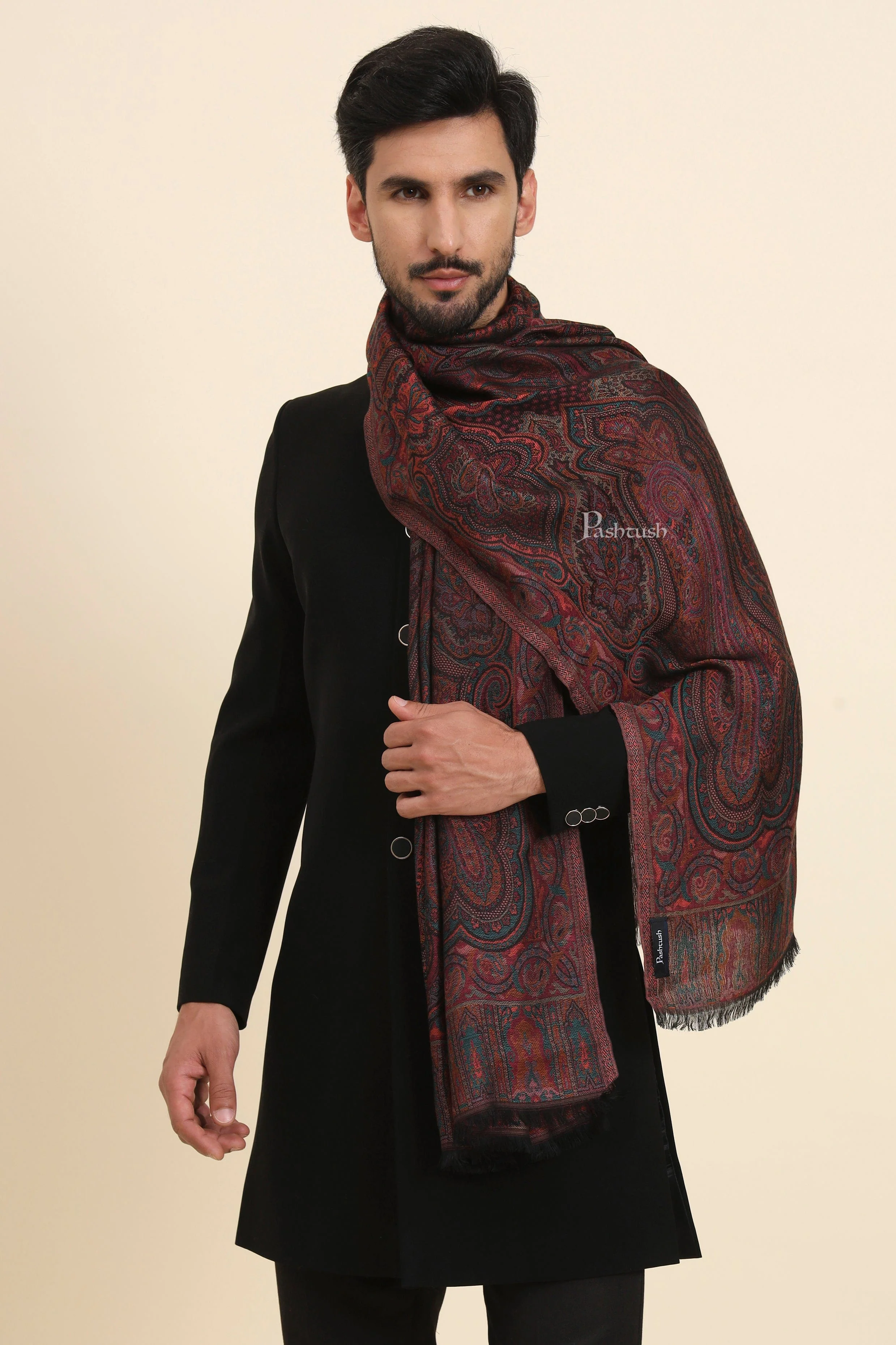Pashtush Mens Bamboo Stole, Antique Woven Design Design, Multicolour - Image 4