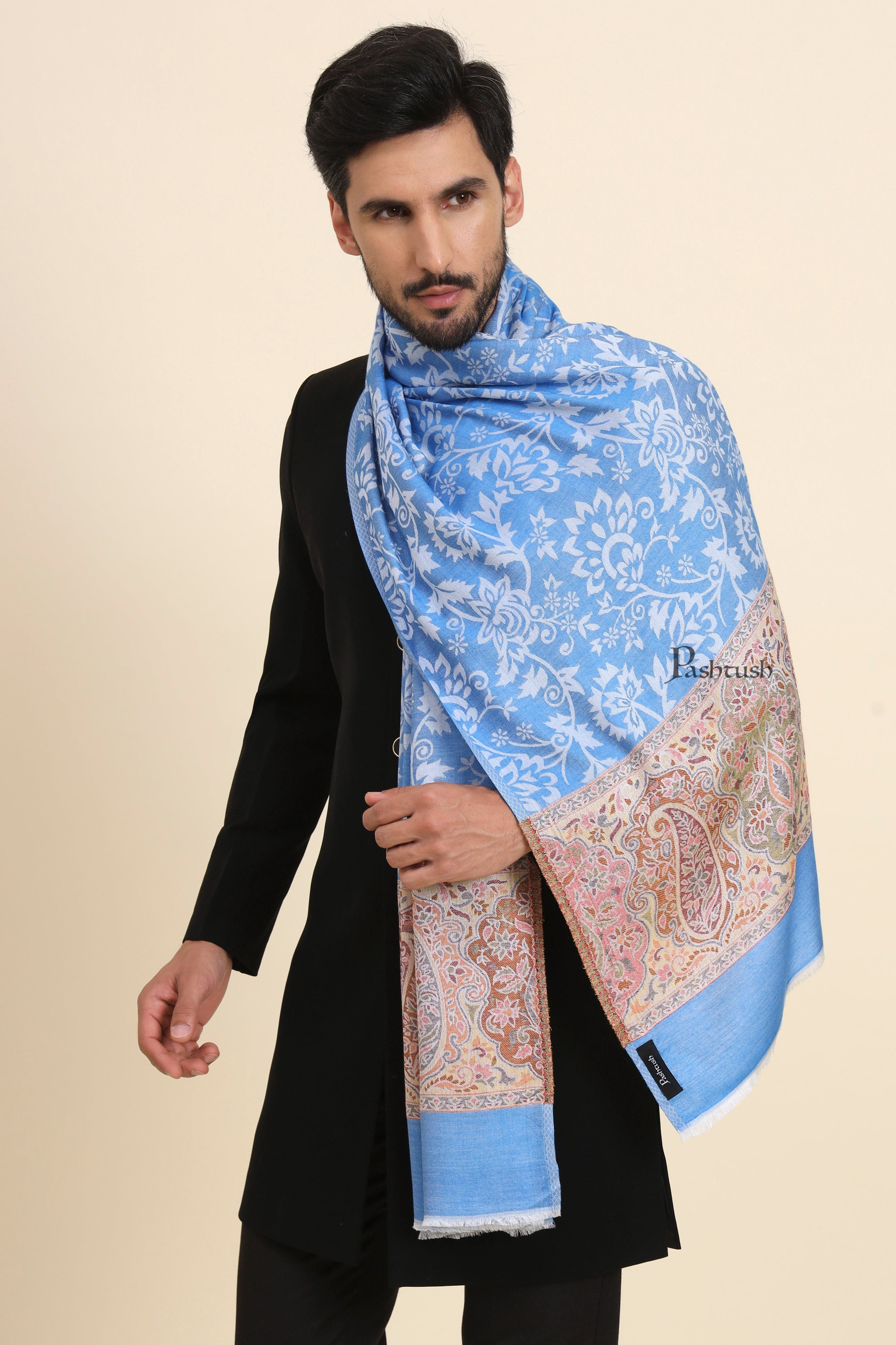 Pashtush Mens Bamboo Stole,  Jacquard Reversible Design, Blue - Image 6
