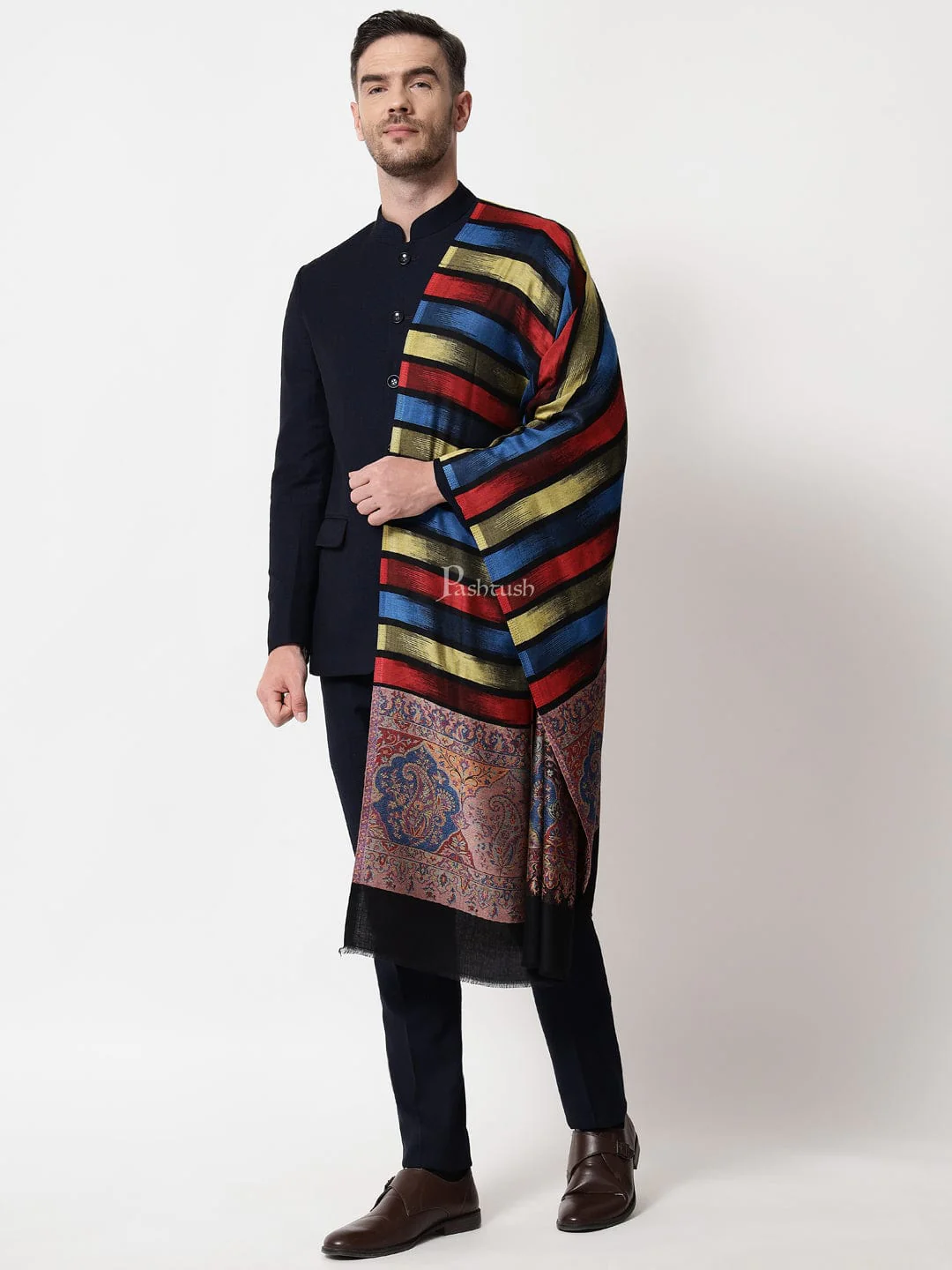 Pashtush mens Bamboo stole, Striped design, Multicolour - Image 5