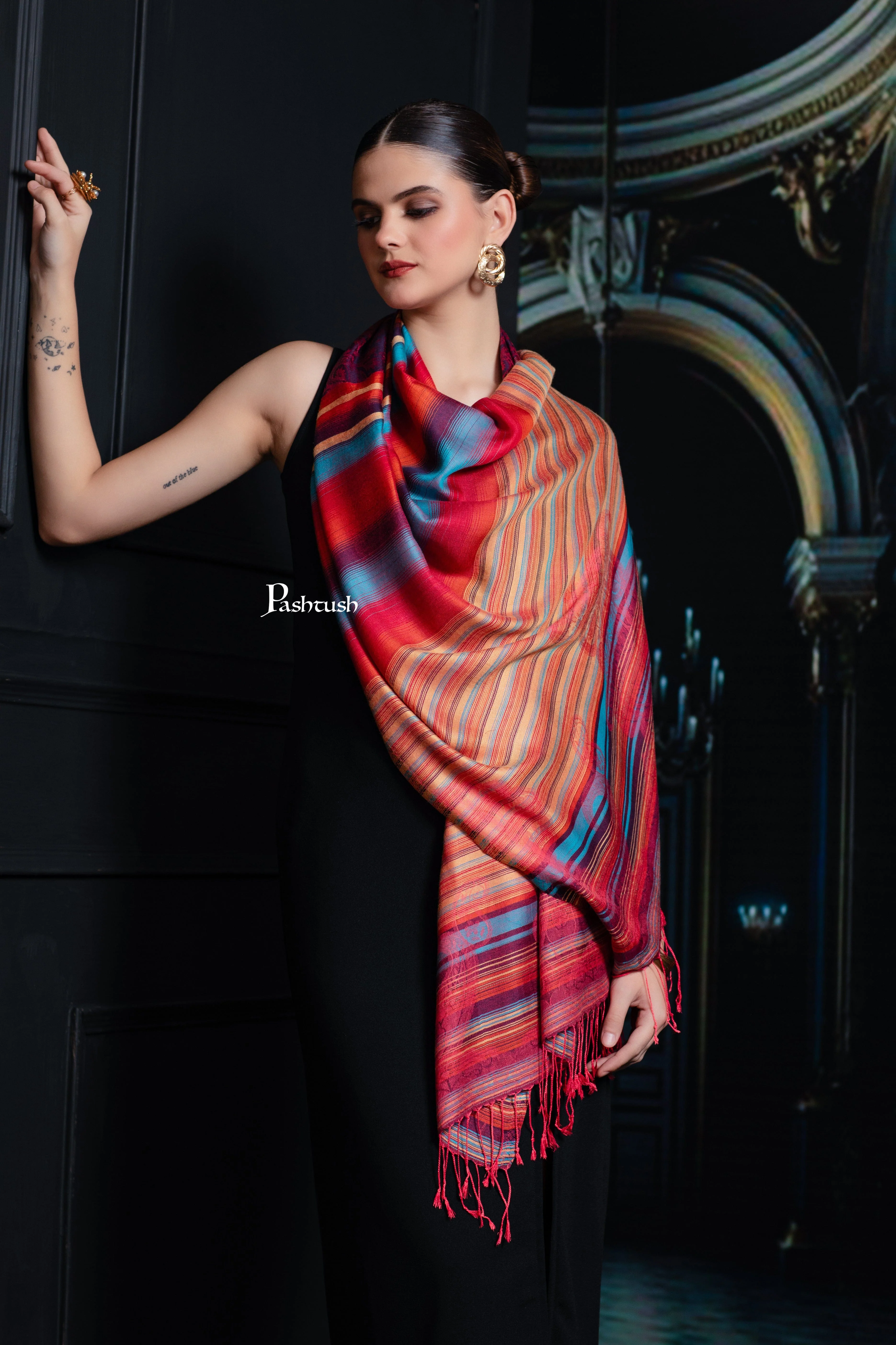 Pashtush Womens Bamboo Stole, Woven Stripes Design, Multicolour