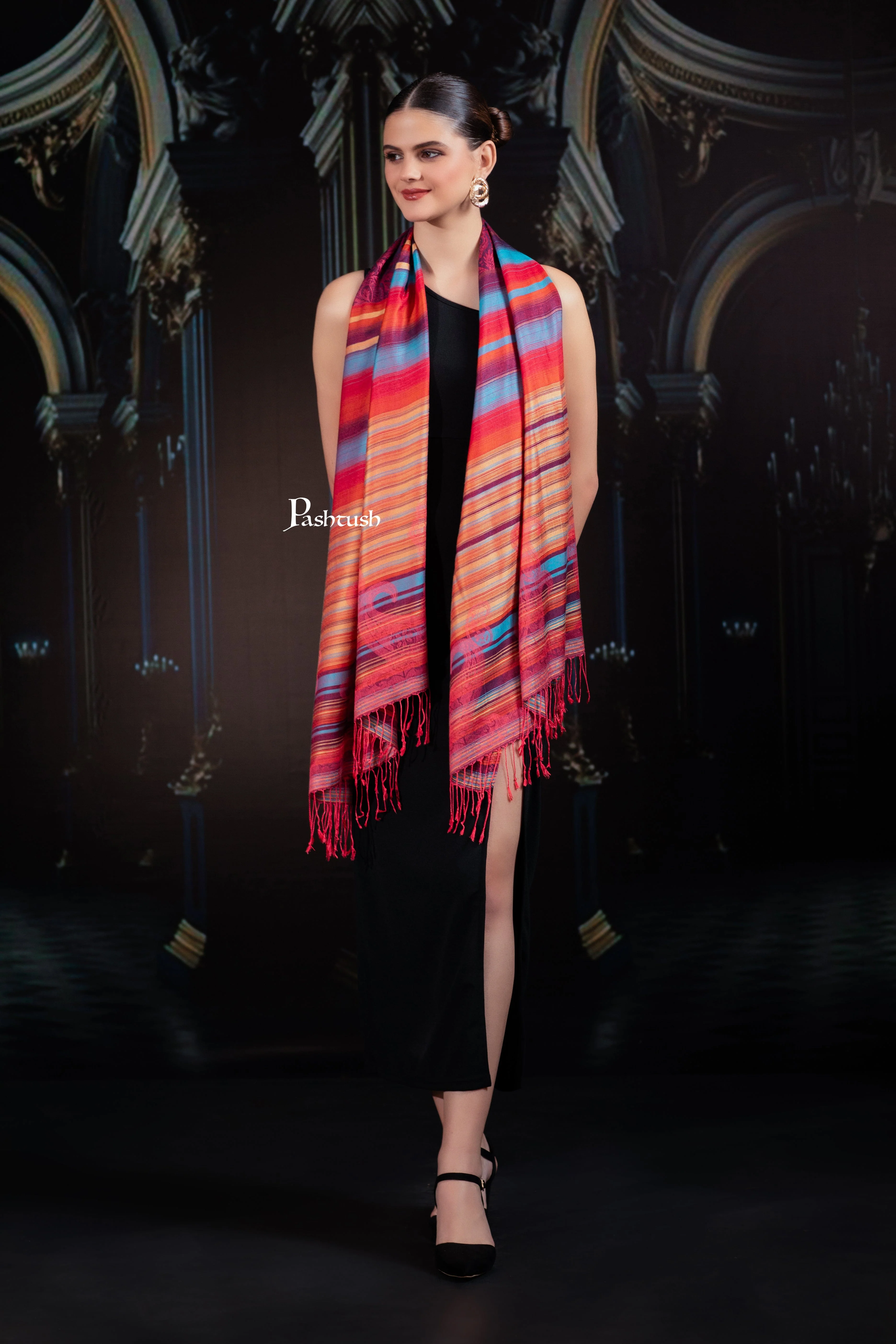 Pashtush Womens Bamboo Stole, Woven Stripes Design, Multicolour - Image 3