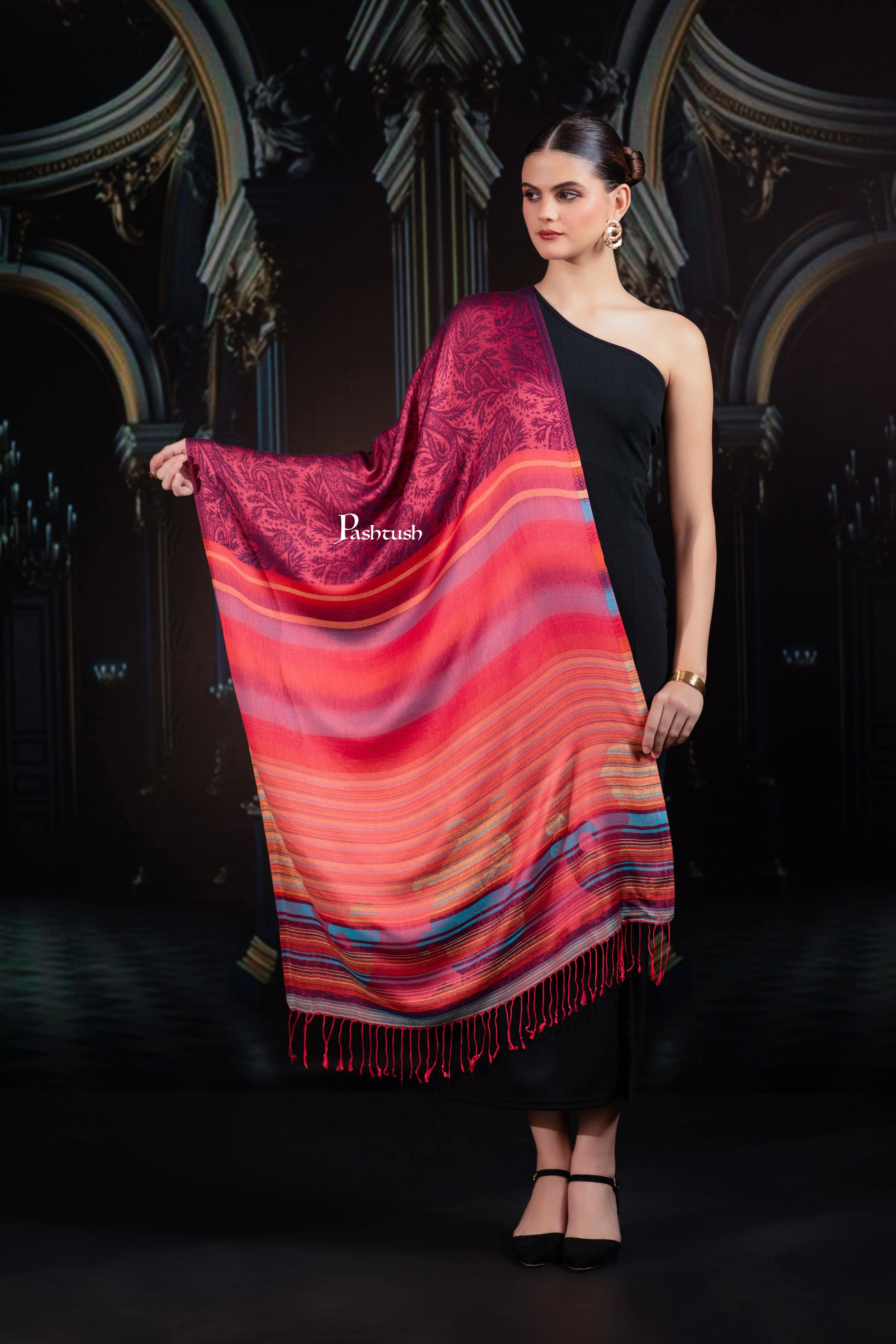 Pashtush Womens Bamboo Stole, Woven Stripes Design, Multicolour - Image 4