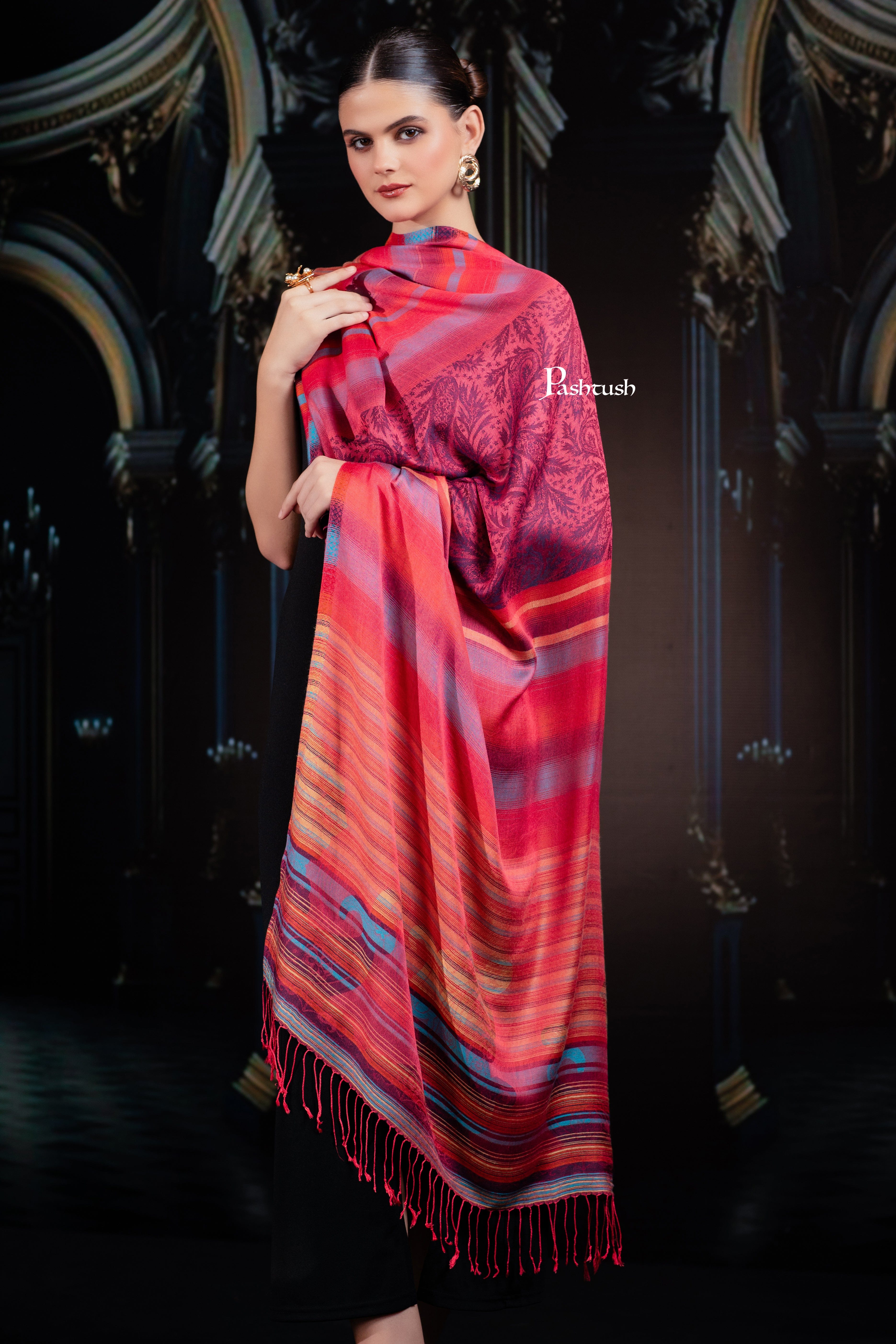 Pashtush Womens Bamboo Stole, Woven Stripes Design, Multicolour - Image 5