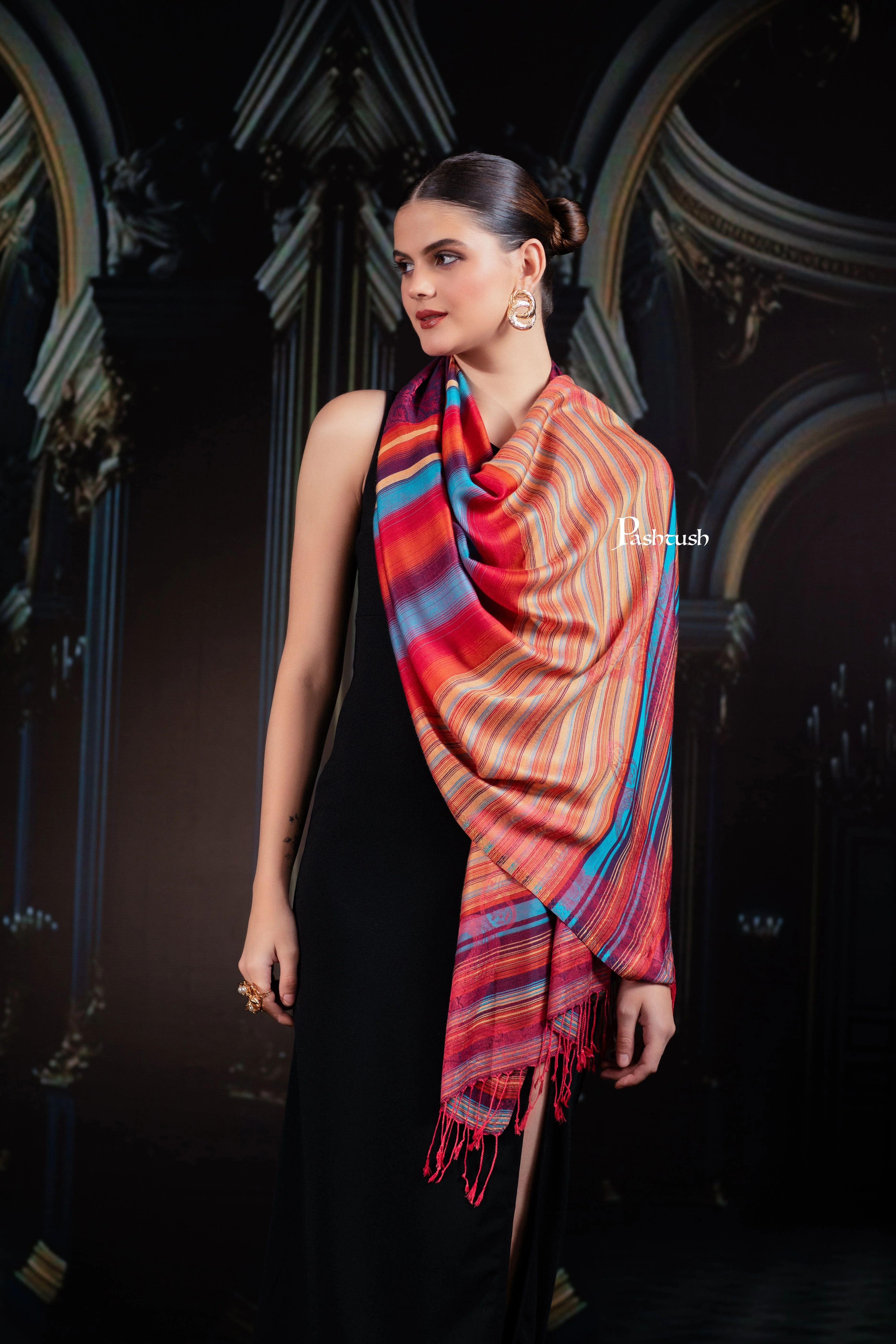 Pashtush Womens Bamboo Stole, Woven Stripes Design, Multicolour - Image 6