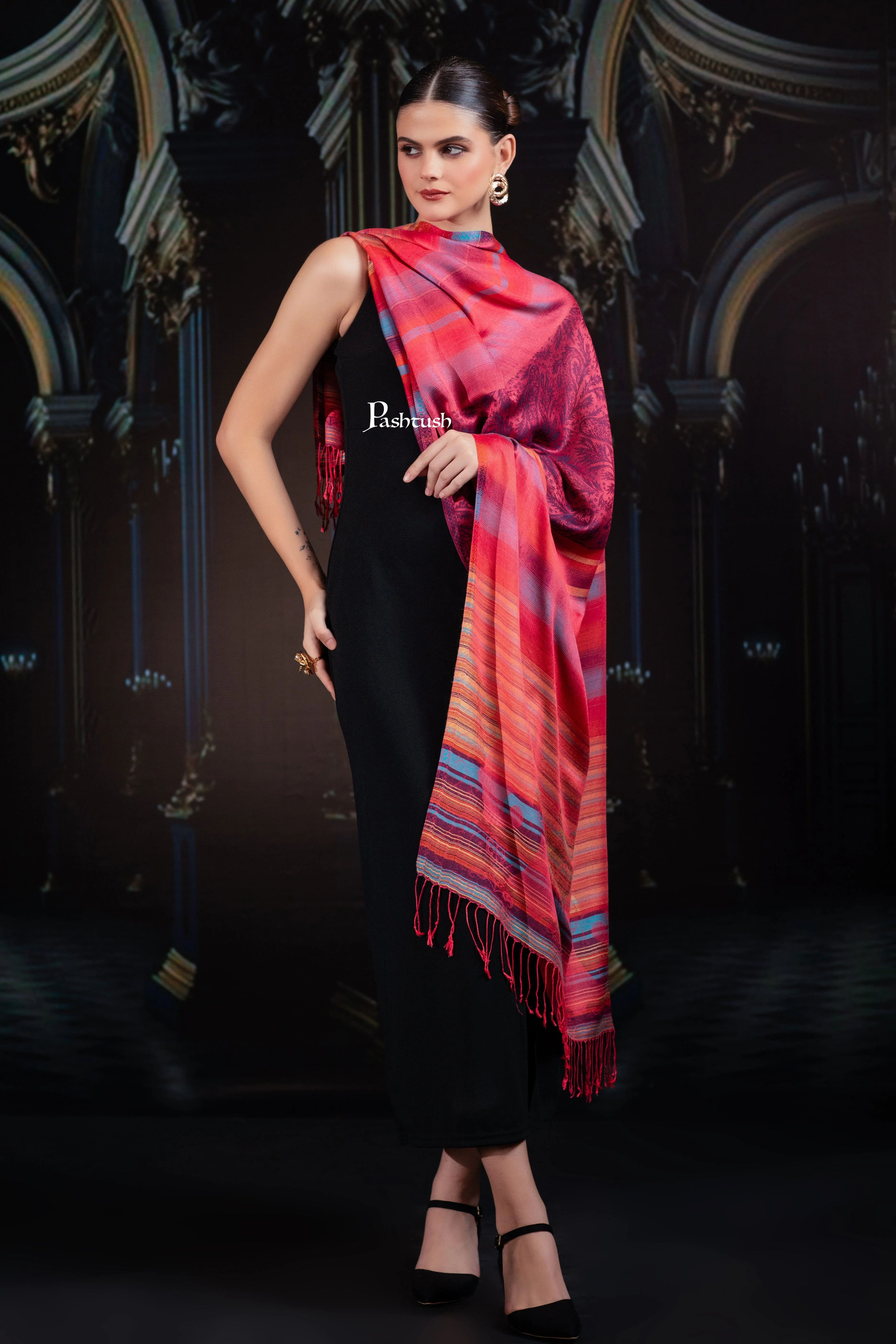 Pashtush Womens Bamboo Stole, Woven Stripes Design, Multicolour - Image 7