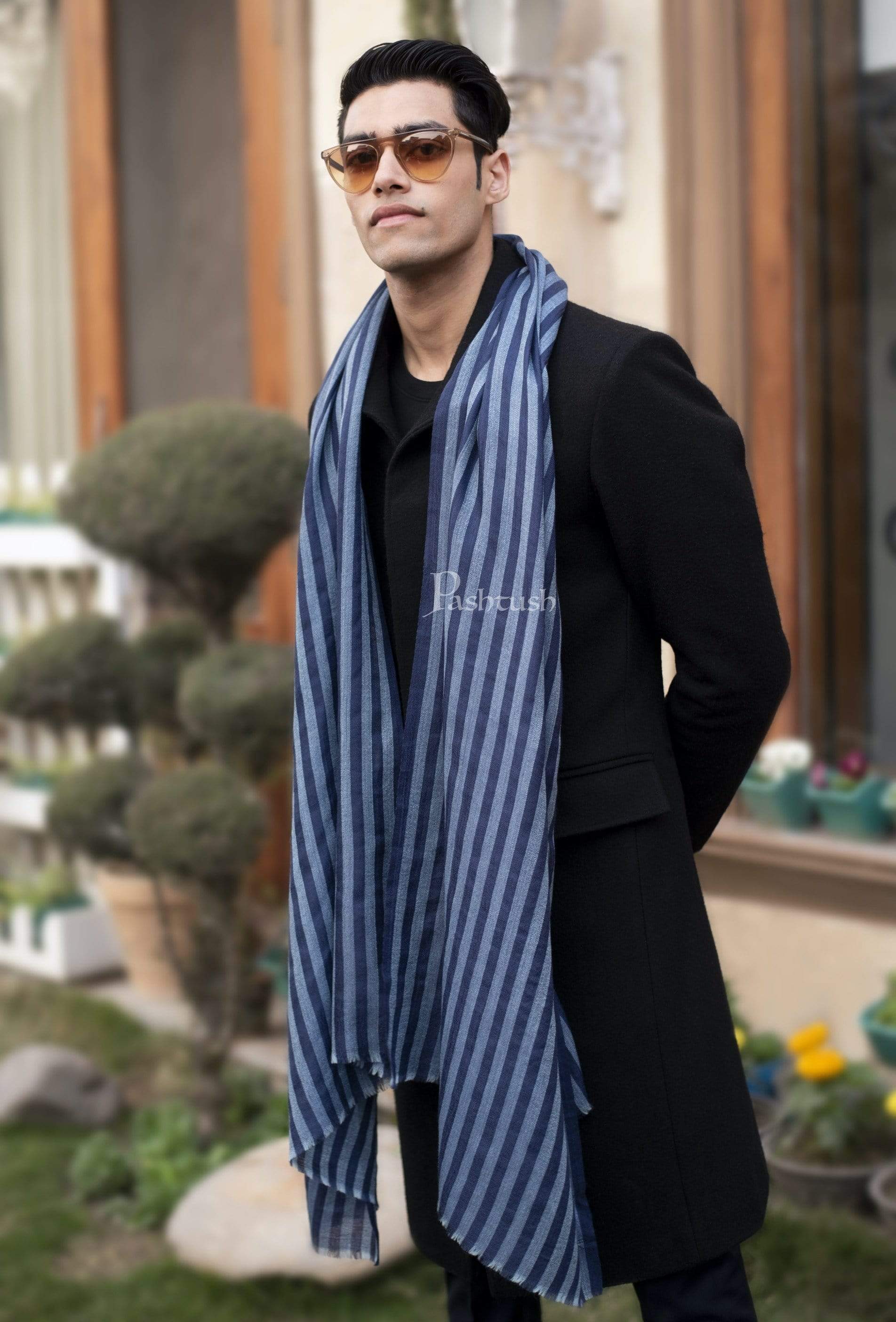Pashtush Mens Cashmere And Wool Scarf, Striped Cobalt Blue - Image 2