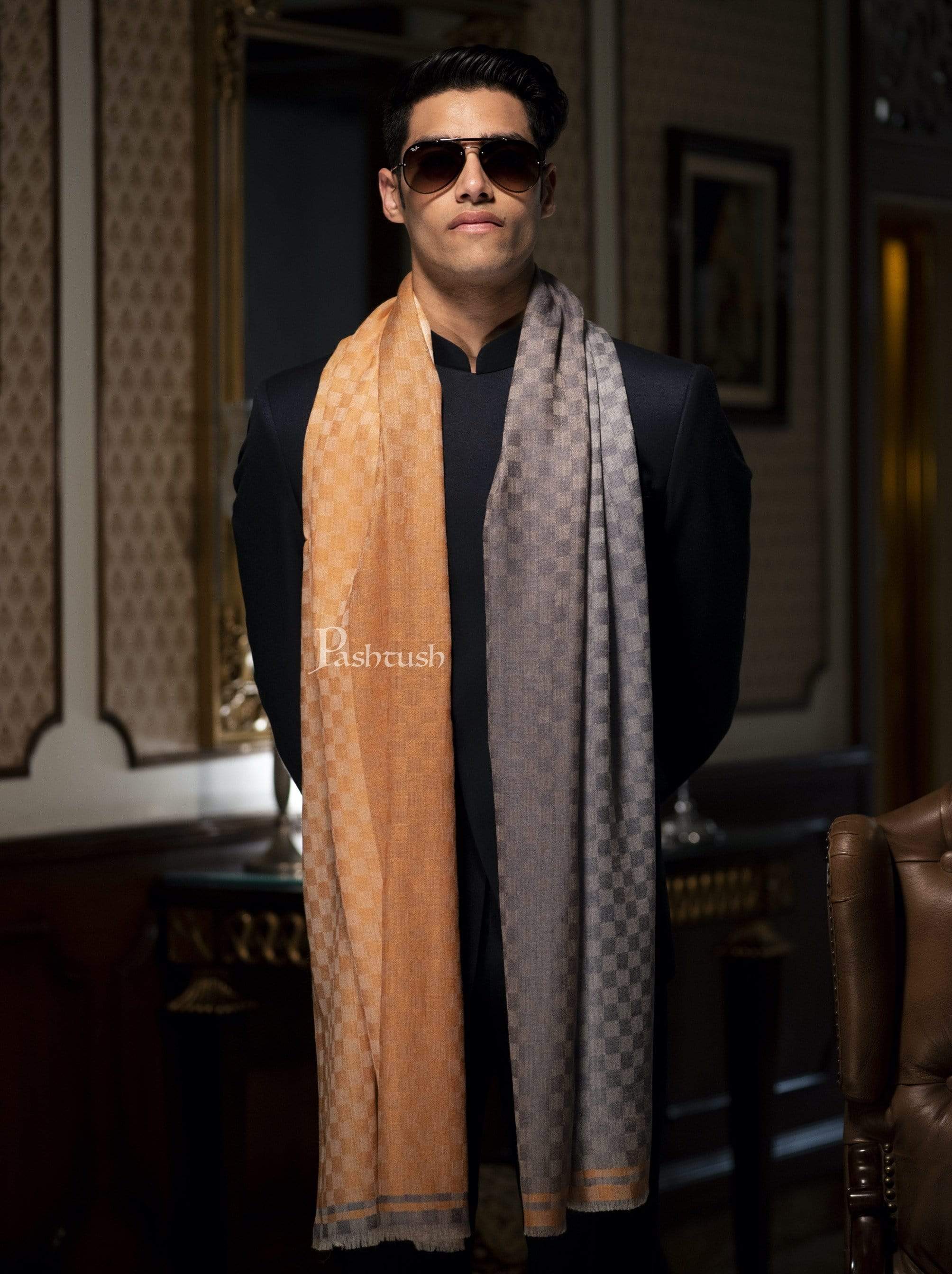Pashtush Mens Cashmere Wool Muffler, Reversible Checks, Twin Weave - Image 4