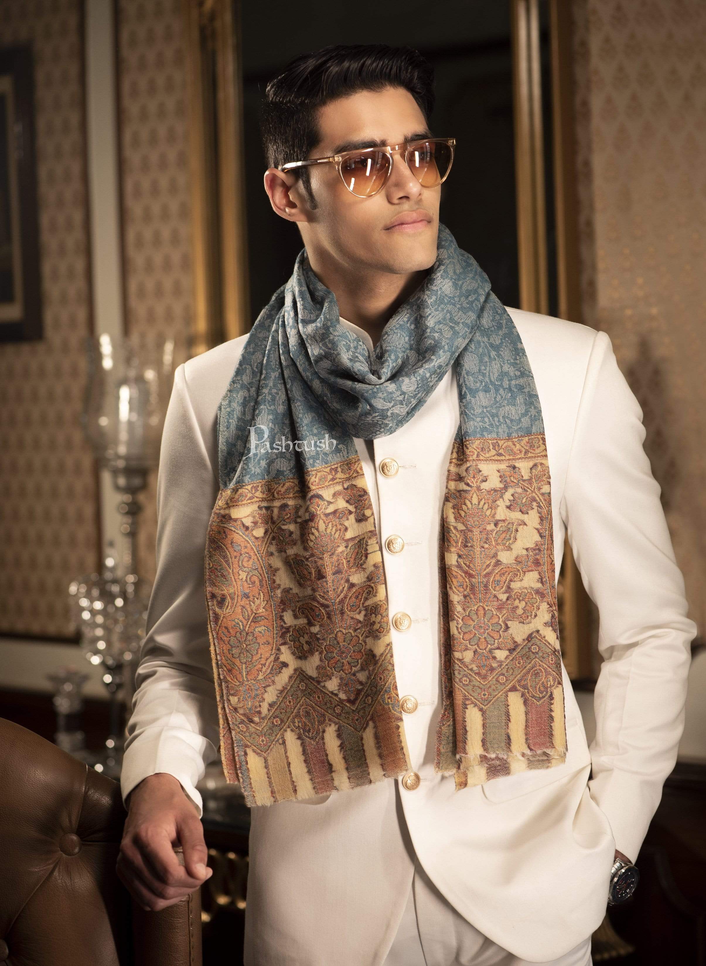 Pashtush Mens Cashmere Wool Scarf, Ethnic Design, Arabic Blue - Image 10