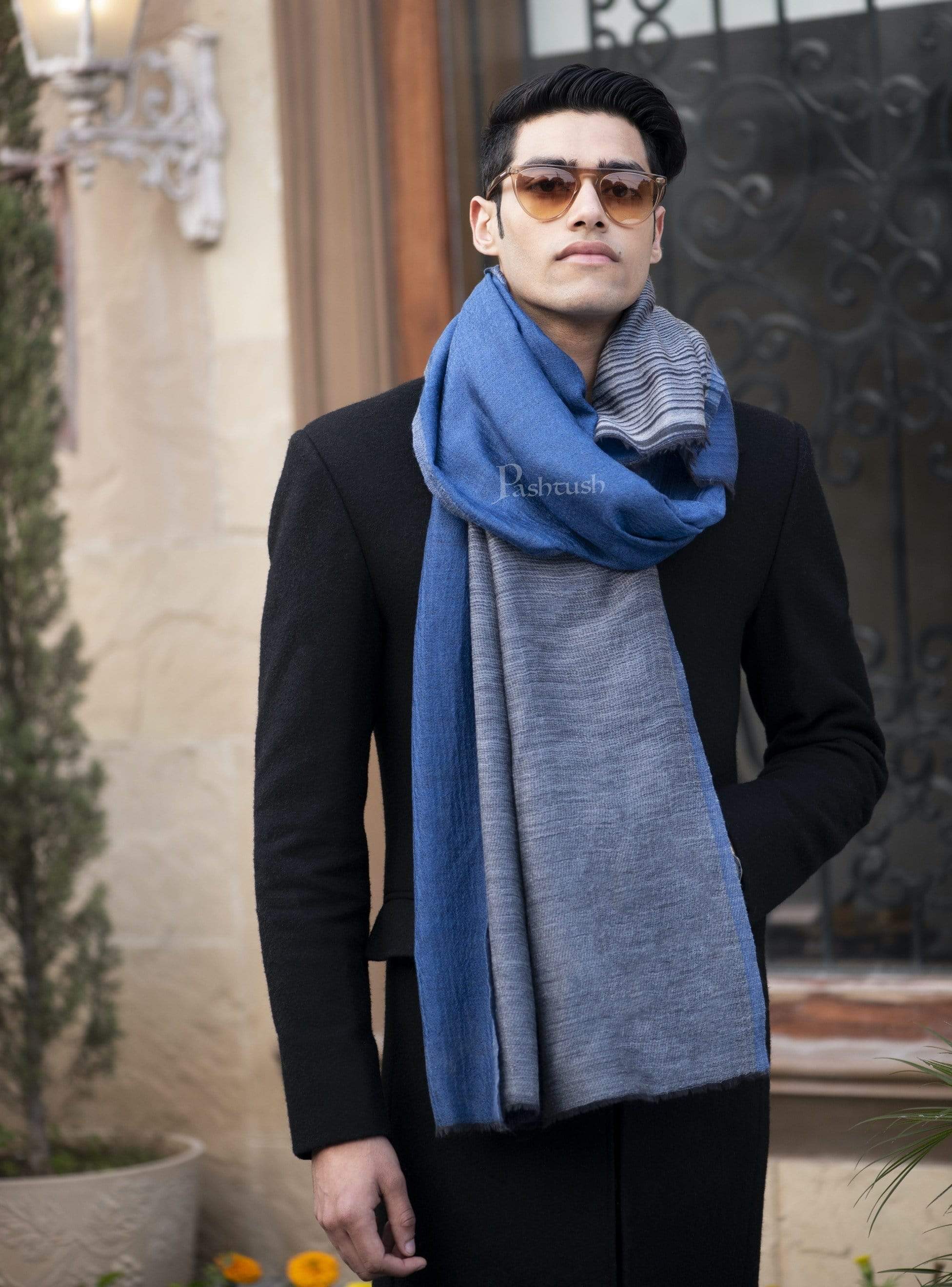 Pashtush Mens Cashmere Wool Scarf, Reversible, Twin Weave, Azure Blue - Image 3