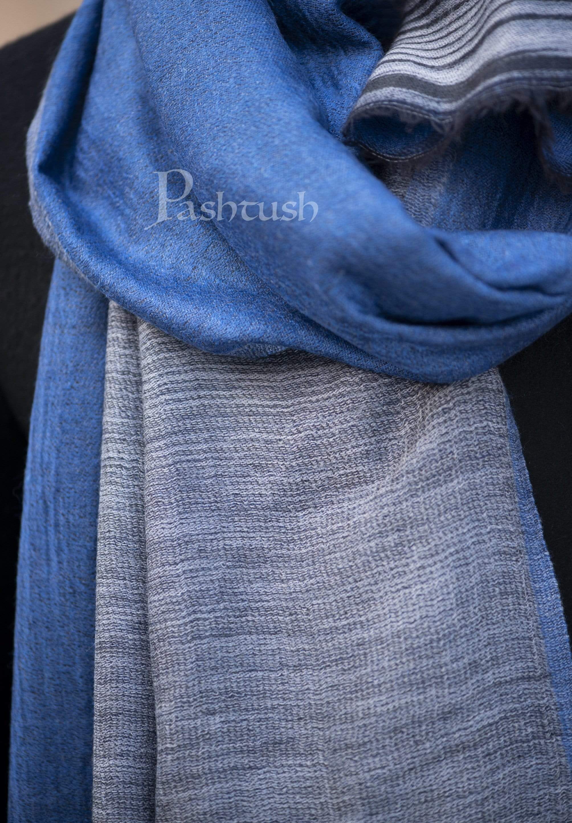 Pashtush Mens Cashmere Wool Scarf, Reversible, Twin Weave, Azure Blue - Image 5