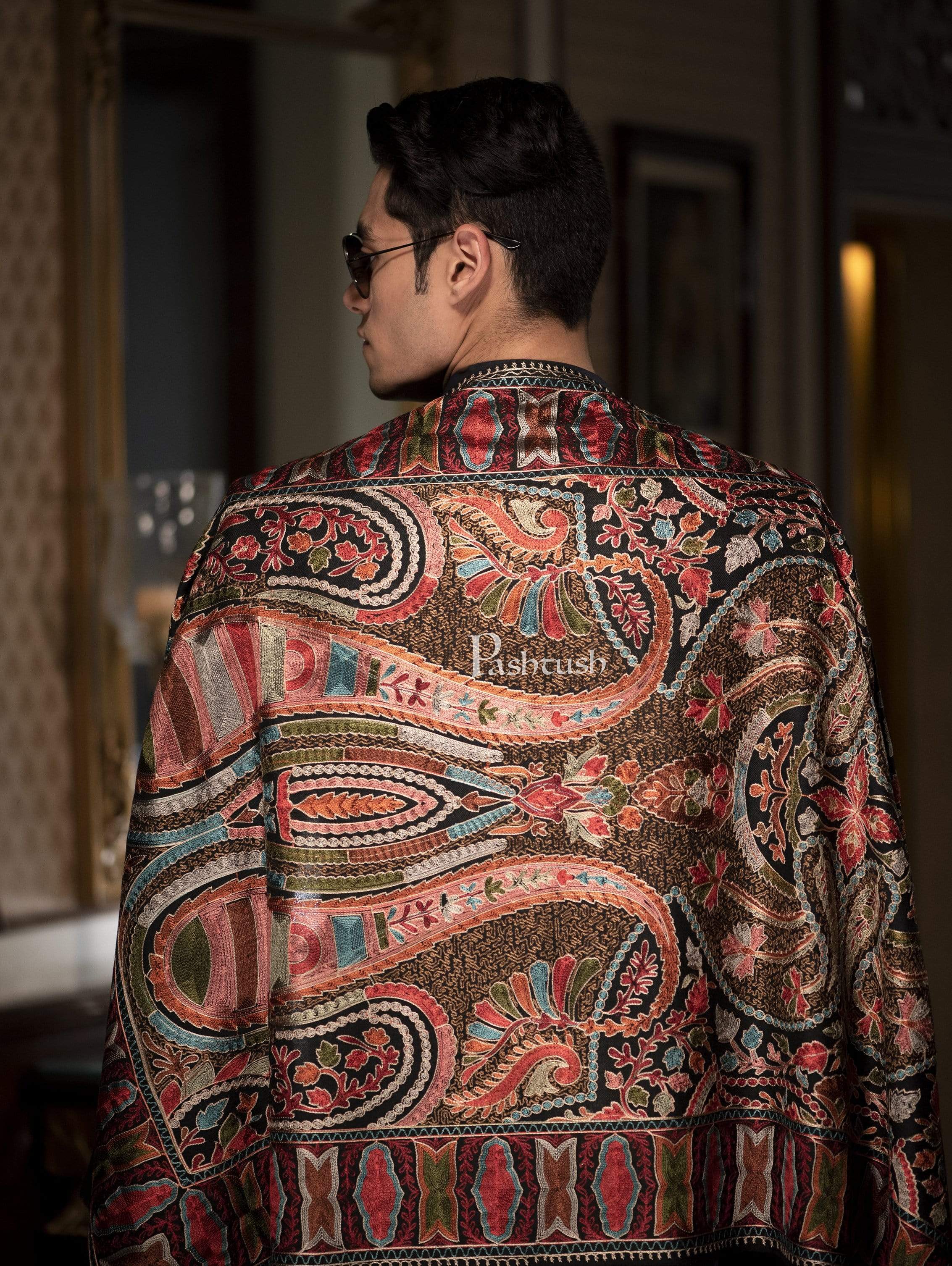 Pashtush Mens Collection, Wool Embroidery Nalki Scarf, Rich Black - Image 3