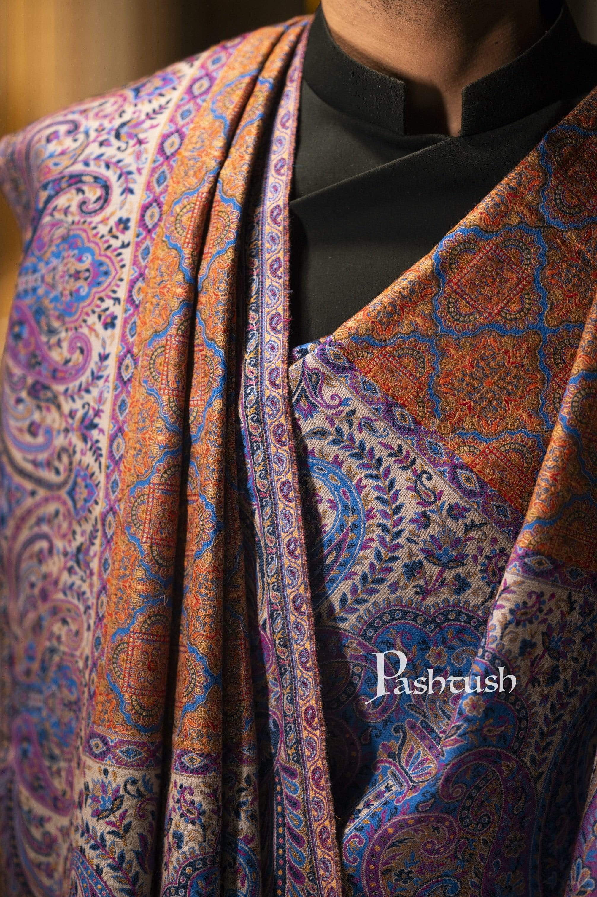 Pashtush Mens Embroidered Jamawar Stole, 100% Pure Wool (Woolmark Certified) - Image 5