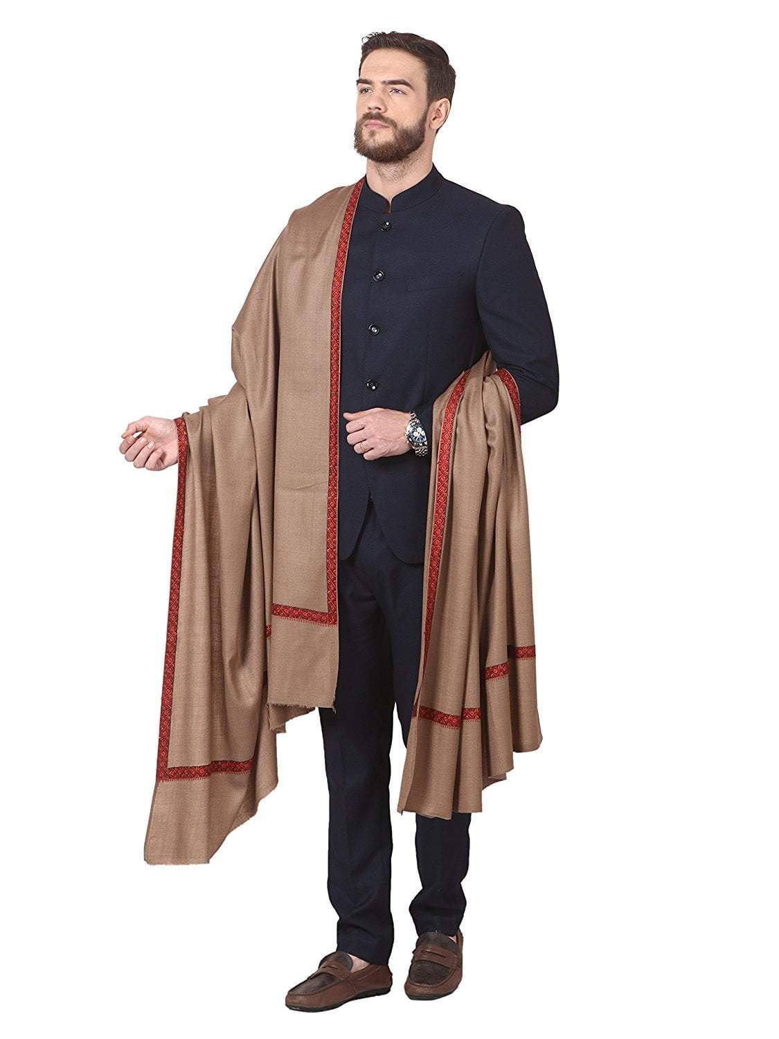 Pashtush Mens Shawl, Embroidery Haashia Dushala, Taupe - Image 5