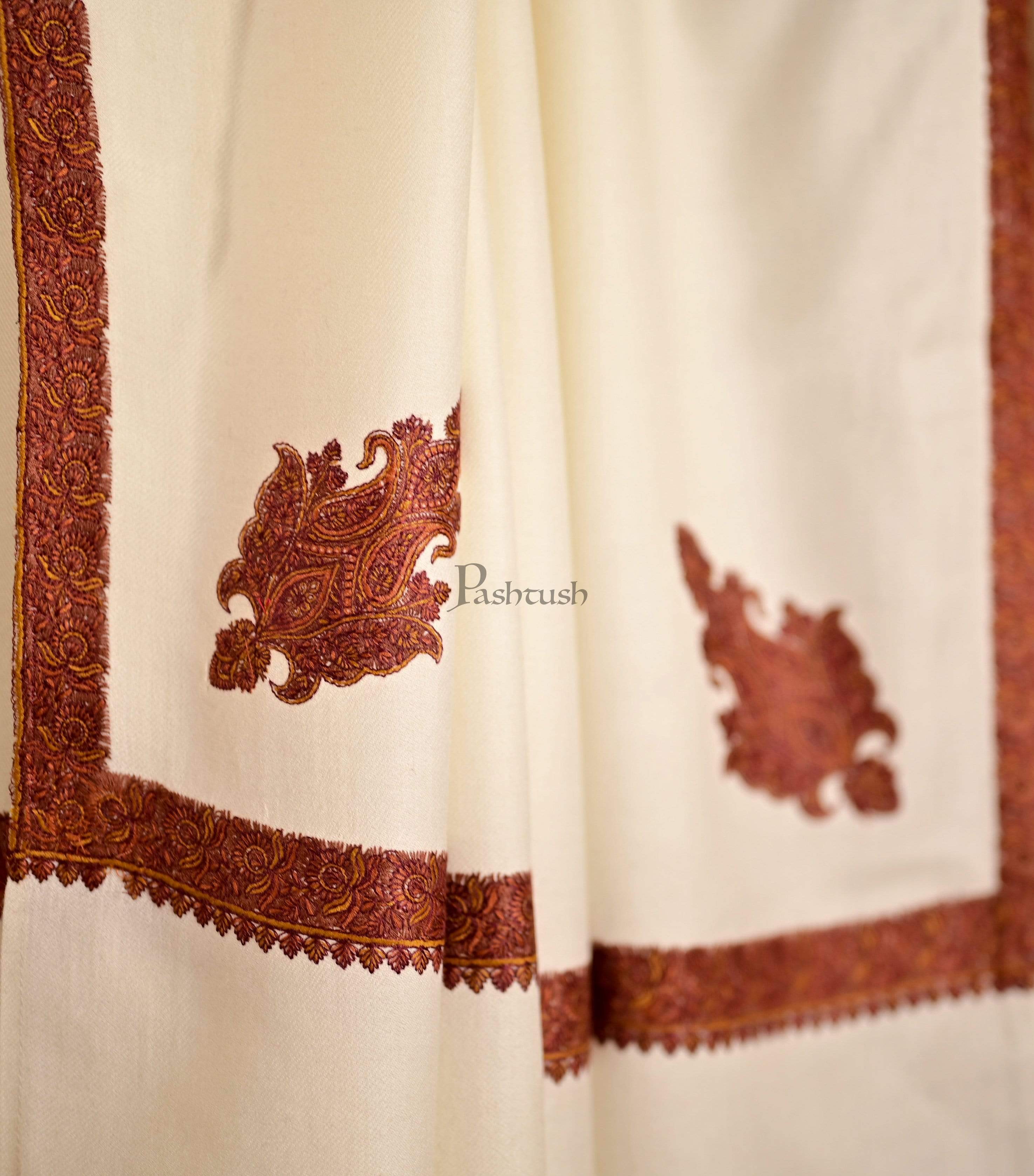 Pashtush Mens Embroidery Shawl, Kingri Design - Ivory - Image 2
