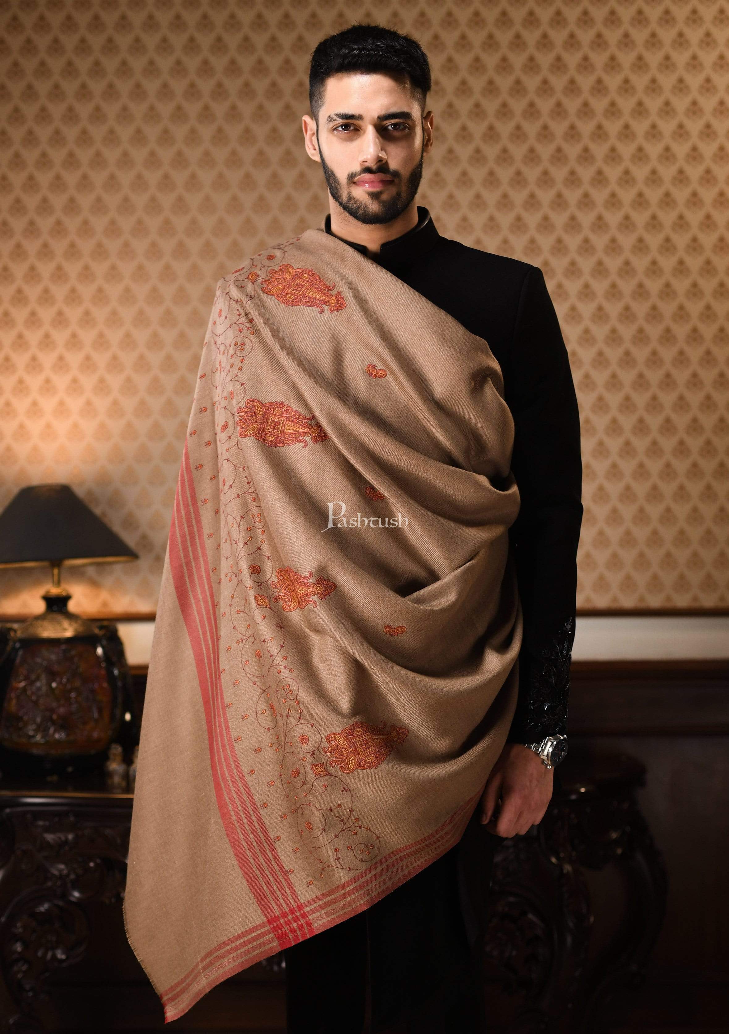Pashtush Mens Embroidery Shawl, Woollen, Taupe - Image 2