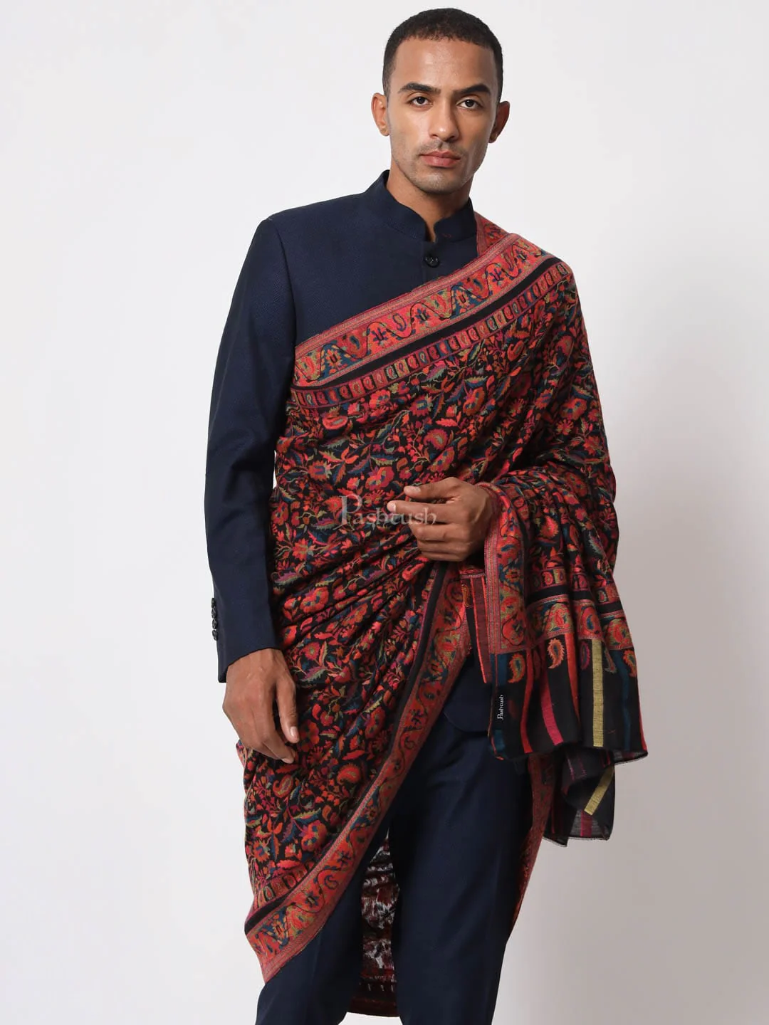 Pashtush Mens Ethnic Shawl, Mens Black Lohi, Full Size, Extra Fine Wool, Multicoloured - Image 4