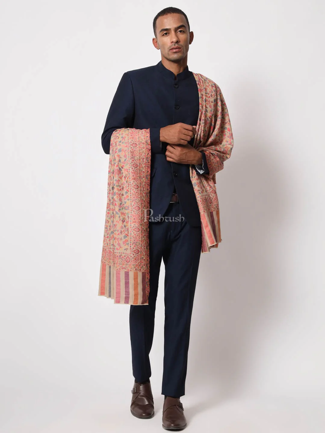 Pashtush Mens Ethnic Shawl, Mens Lohi, Full Size, Fine Wool, Beige - Image 2