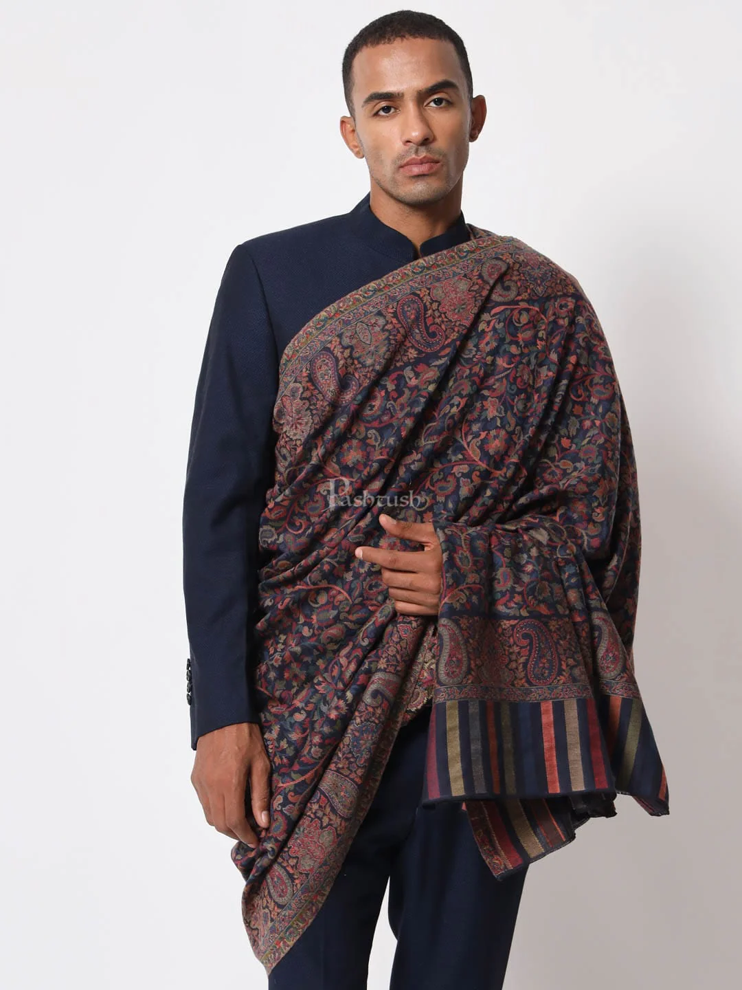 Pashtush Mens Ethnic Shawl, Mens Lohi, Full Size, Fine Wool, Navy Blue - Image 3