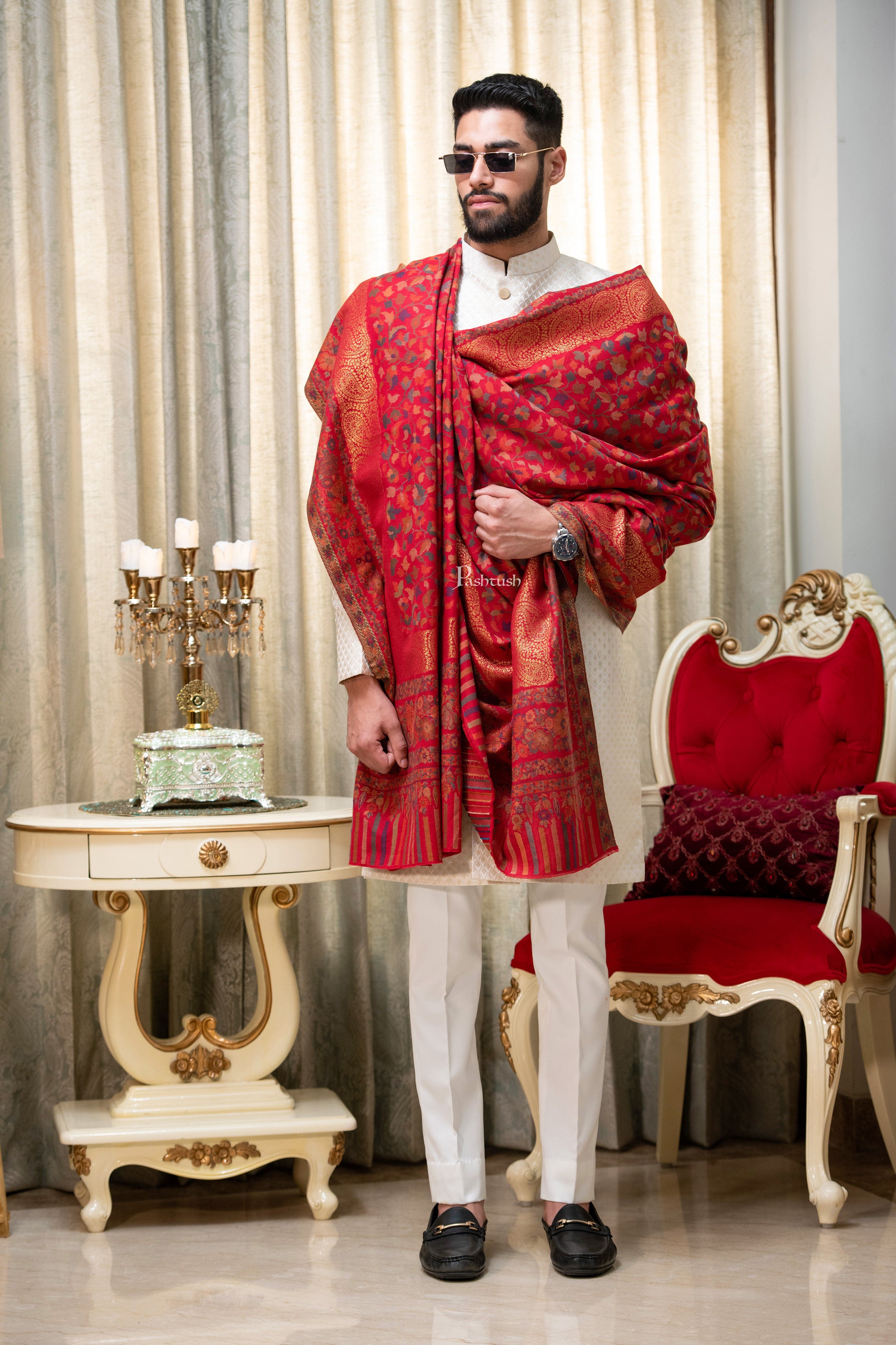 Pashtush Mens Ethnic Shawl, Mens Lohi , Full Size, Fine Wool, With Metallic Weave, Maroon - Image 2