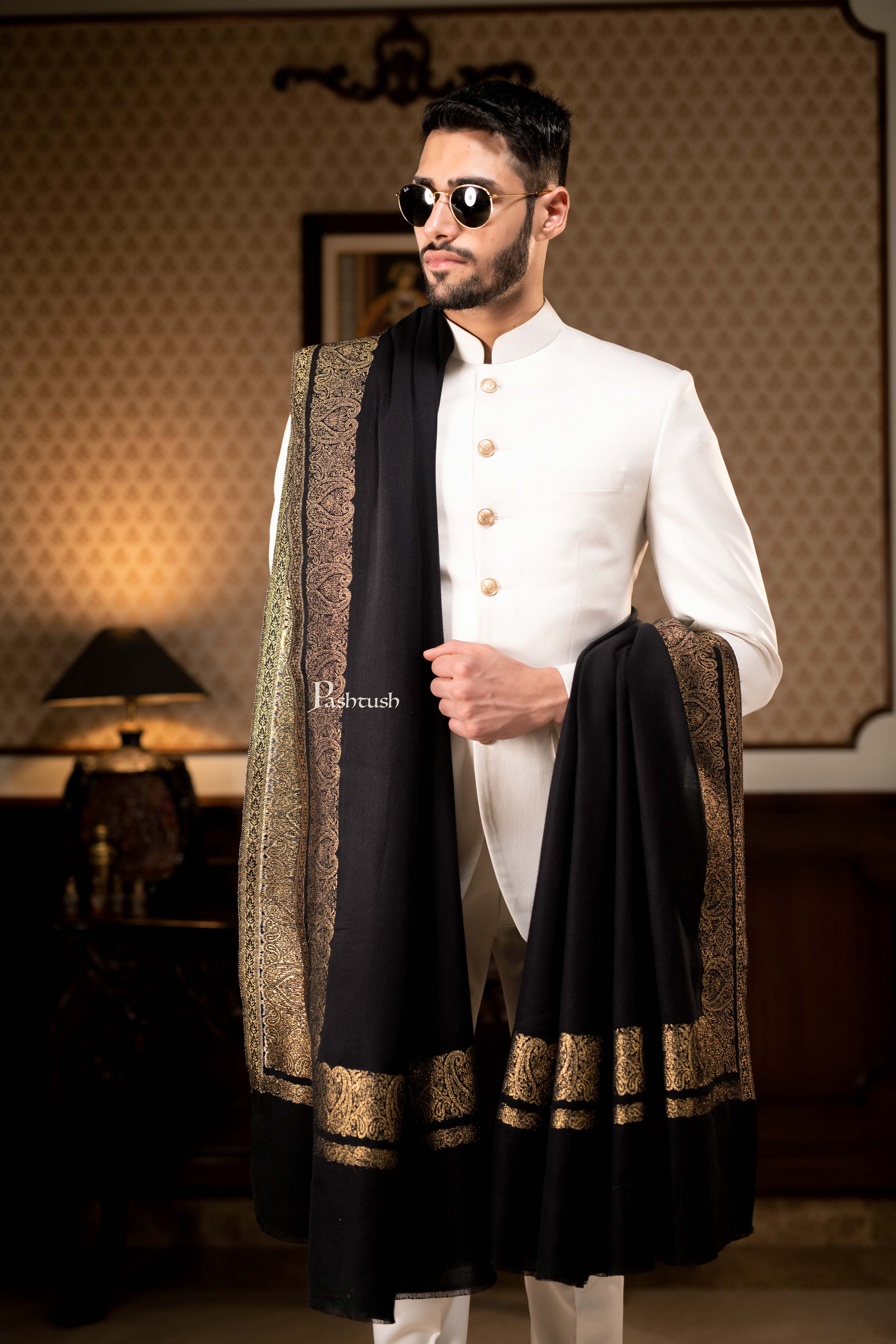 Pashtush Mens Extra Fine Count Wool Shawl, Metallic Tilla Border Weave, Full Size - Image 3