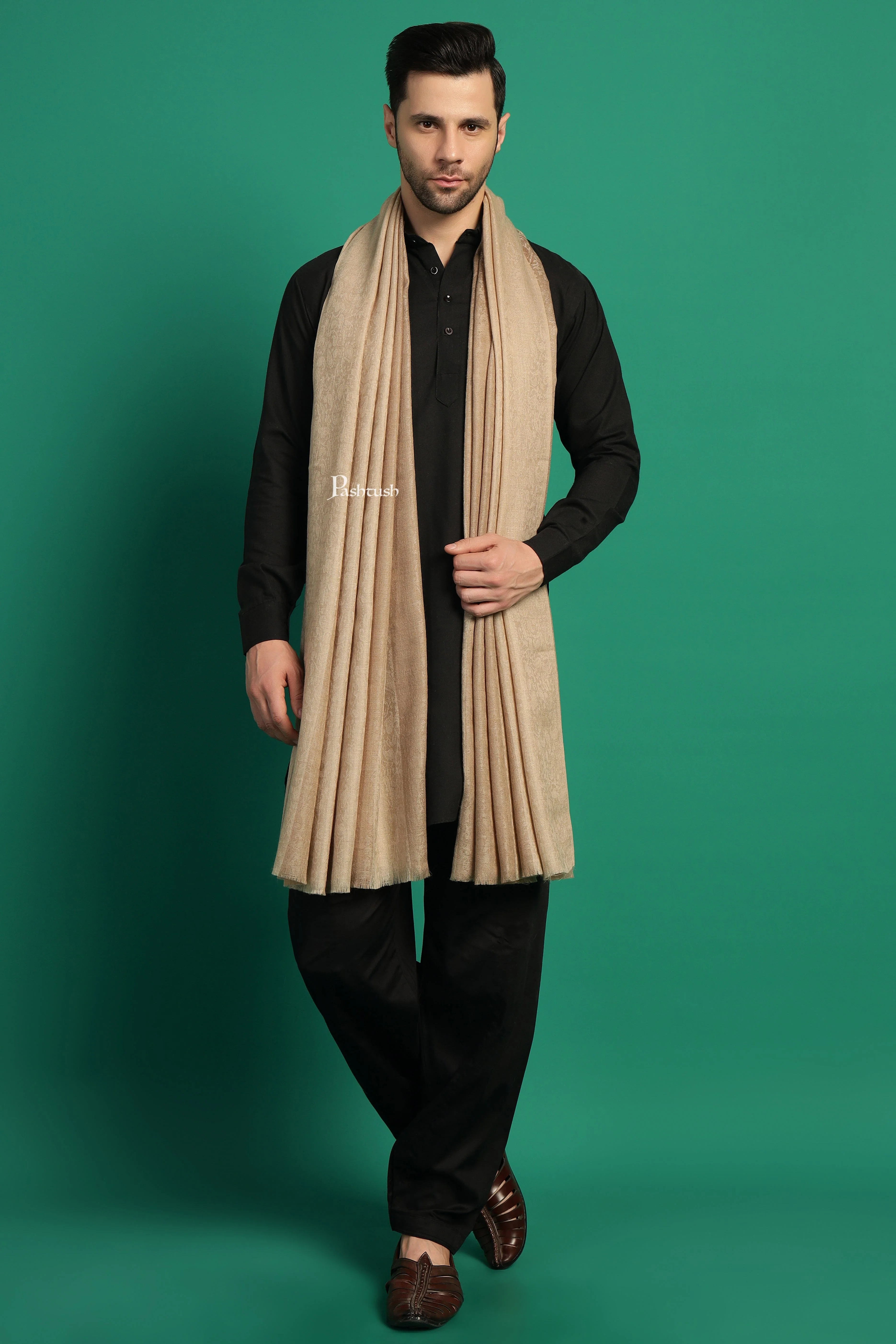 Pashtush Mens Extra Fine Wool Shawl, Check Ambi Design, Beige - Image 5