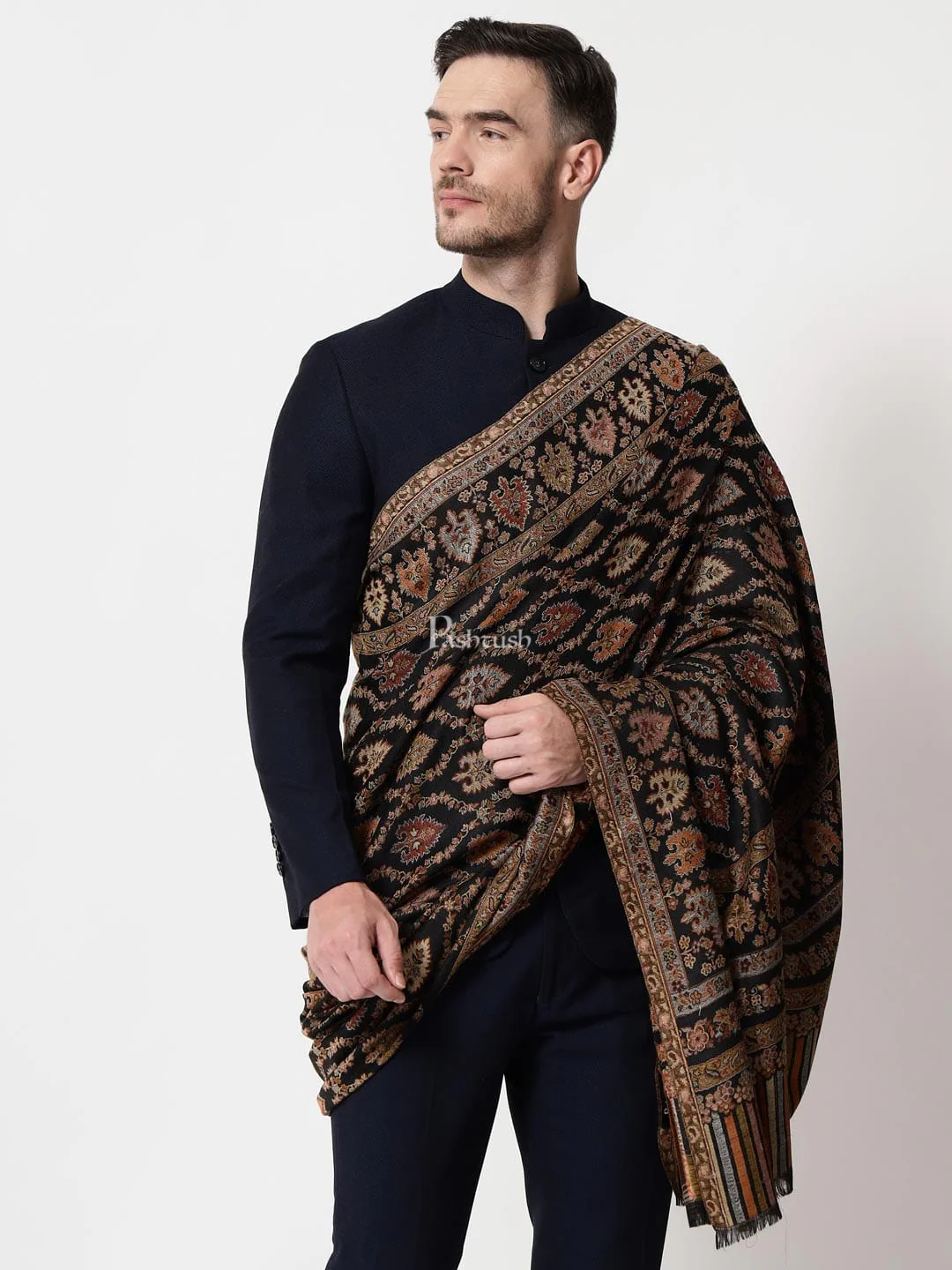 Pashtush mens Extra Fine Wool shawl, Ethnic design, Black - Image 3