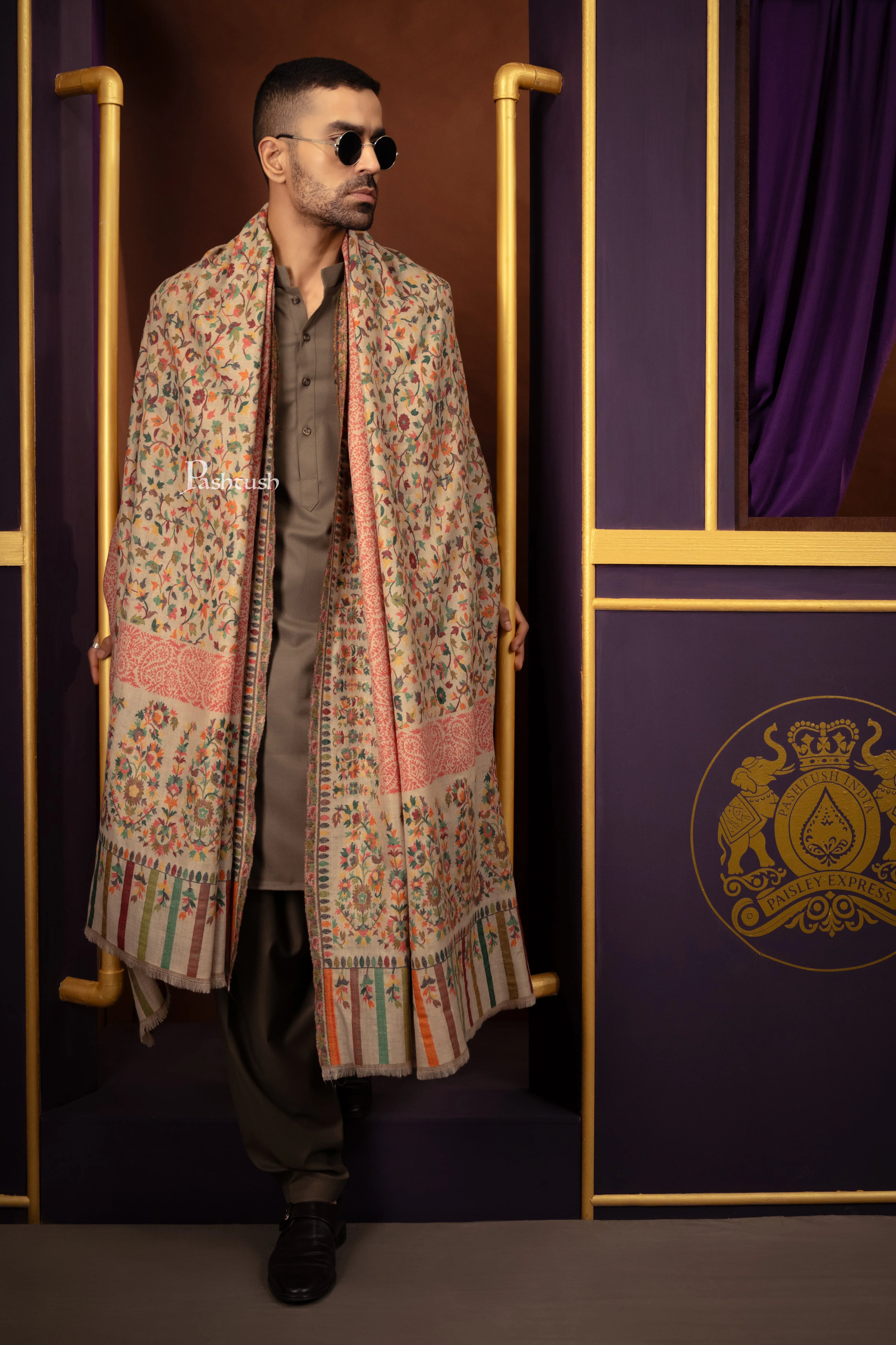 Pashtush Mens Extra Fine Wool Shawl, Ethnic Weave Design, Beige - Image 4