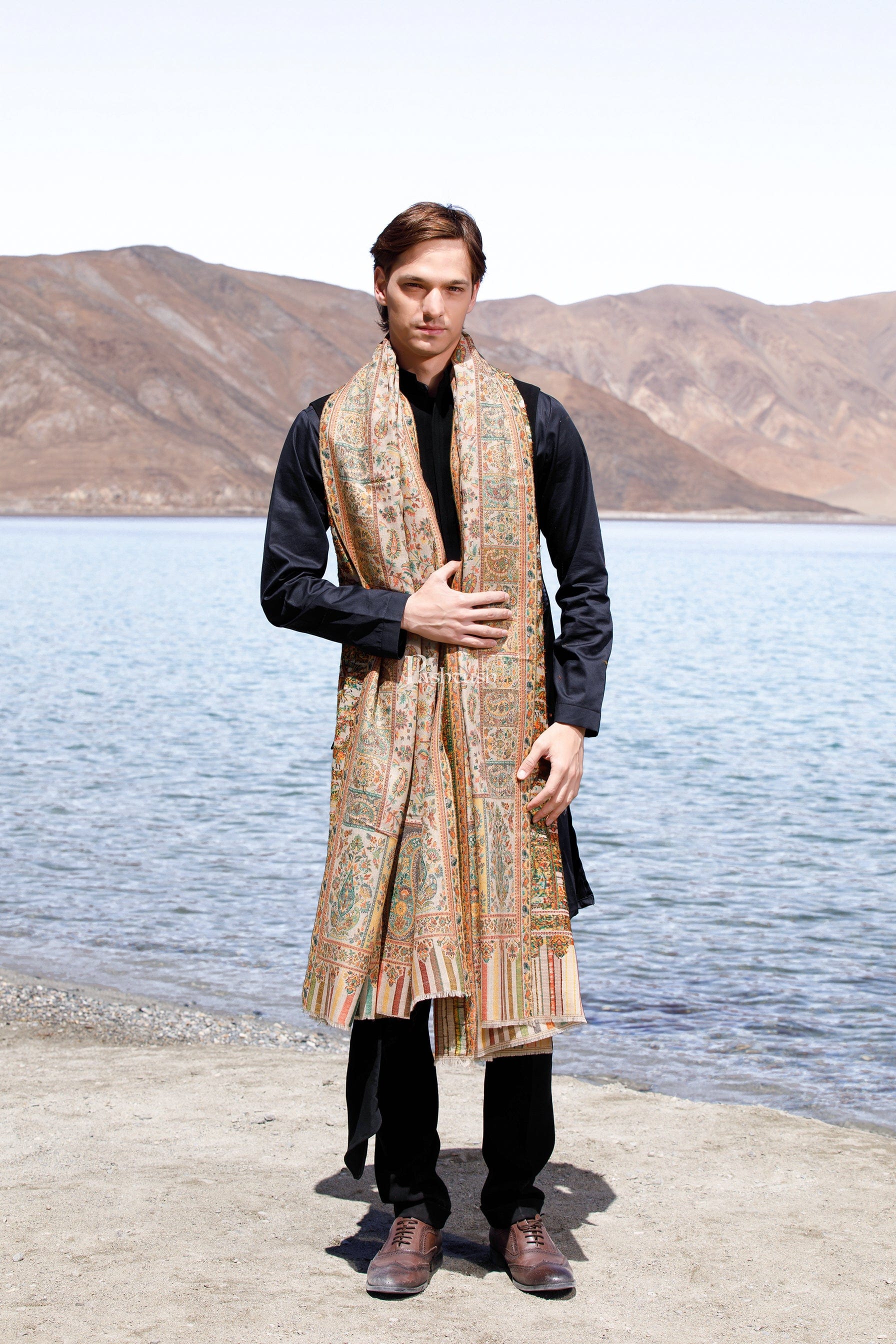 Pashtush Mens Extra Fine Wool Shawl, Ethnic Weave Design, Beige - Image 3