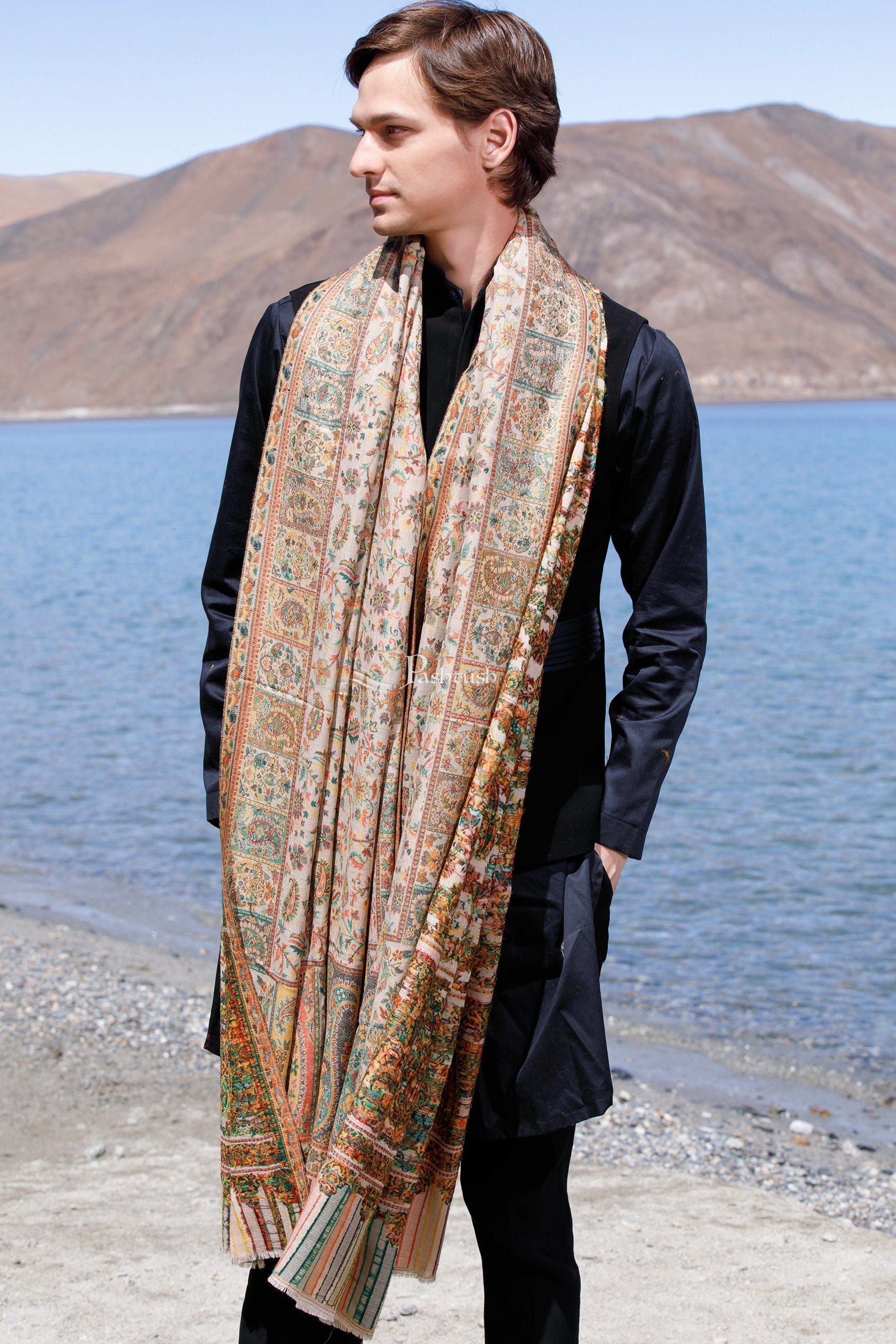 Pashtush Mens Extra Fine Wool Shawl, Ethnic Weave Design, Beige - Image 4