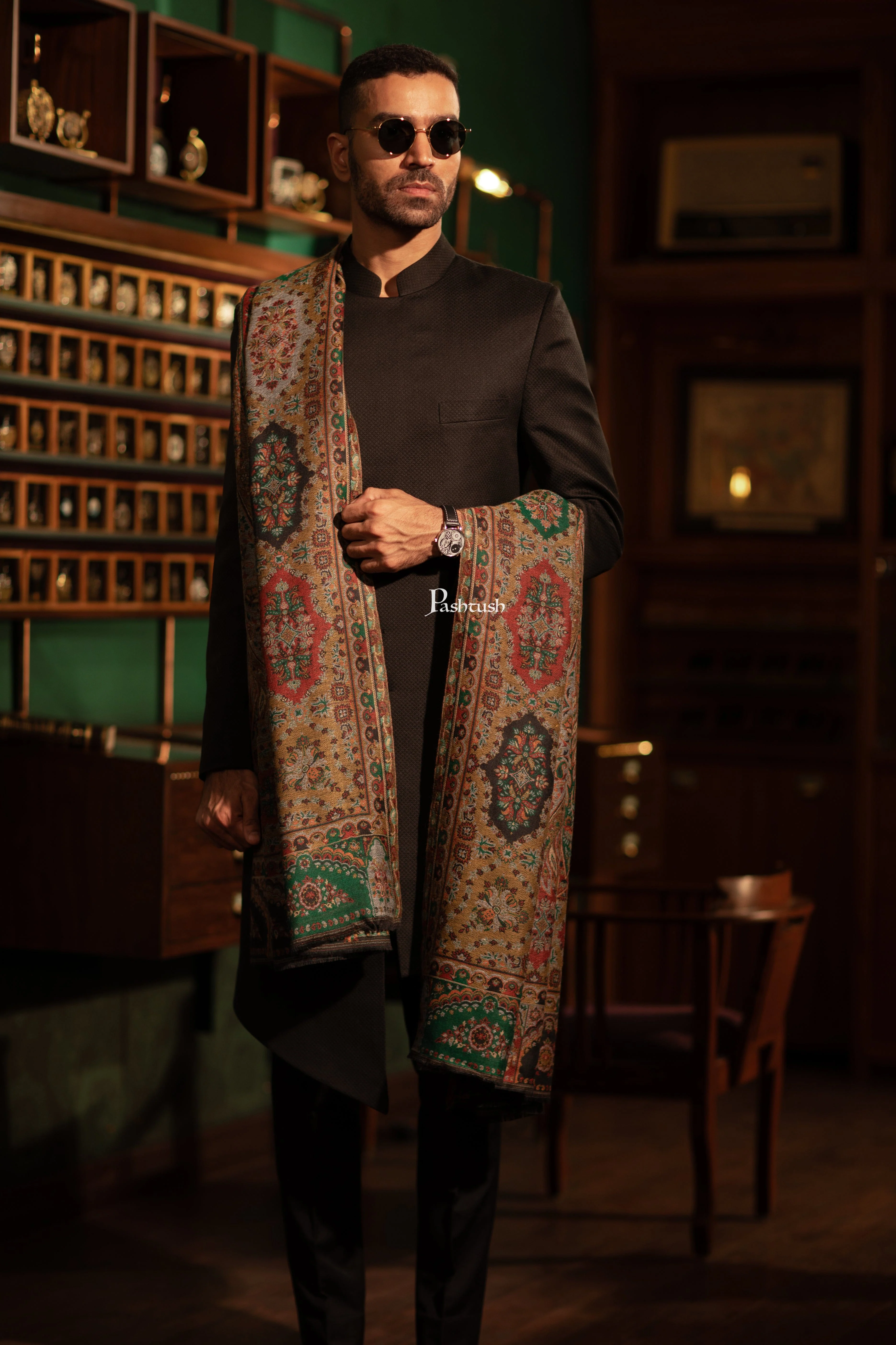 Pashtush Mens Extra Fine Wool Shawl, Ethnic Weave Design, Black - Image 4