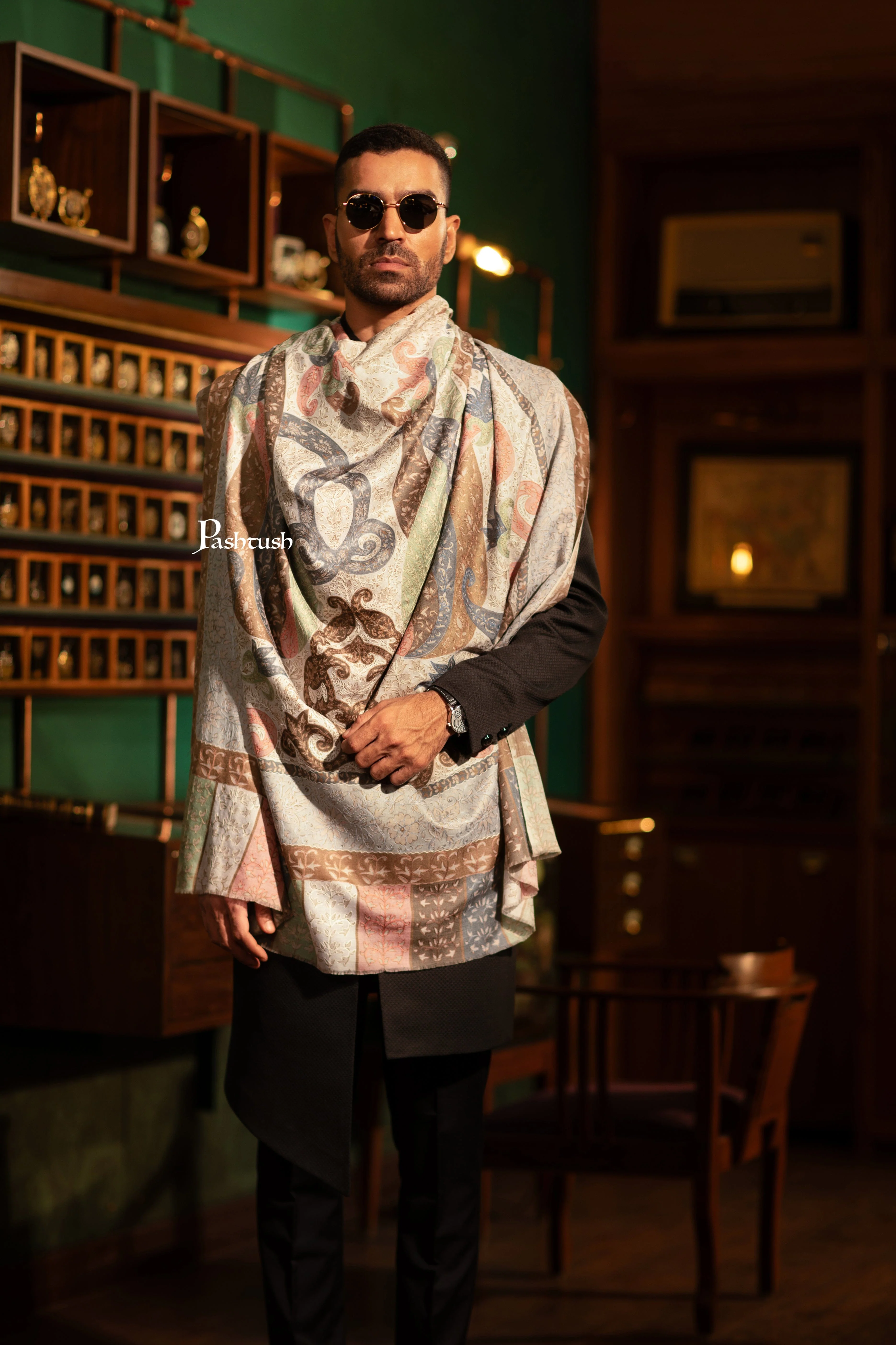 Pashtush Mens Extra Fine Wool Shawl, Hand Embroidered Kalamkari Design, Multicolour - Image 3