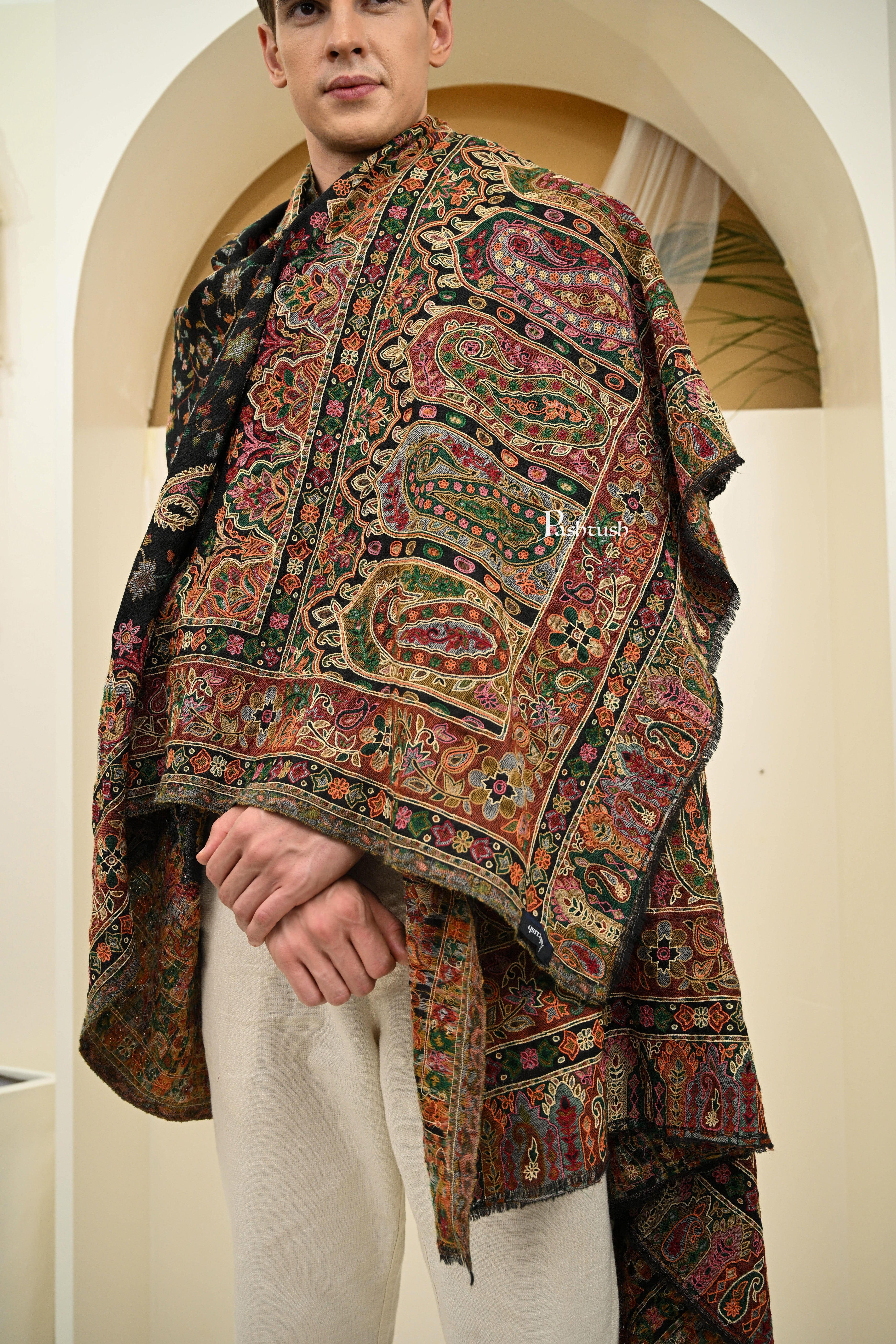 Pashtush Mens Extra Fine Wool Shawl, Nalki Hand Embroidery Design, Black - Image 4