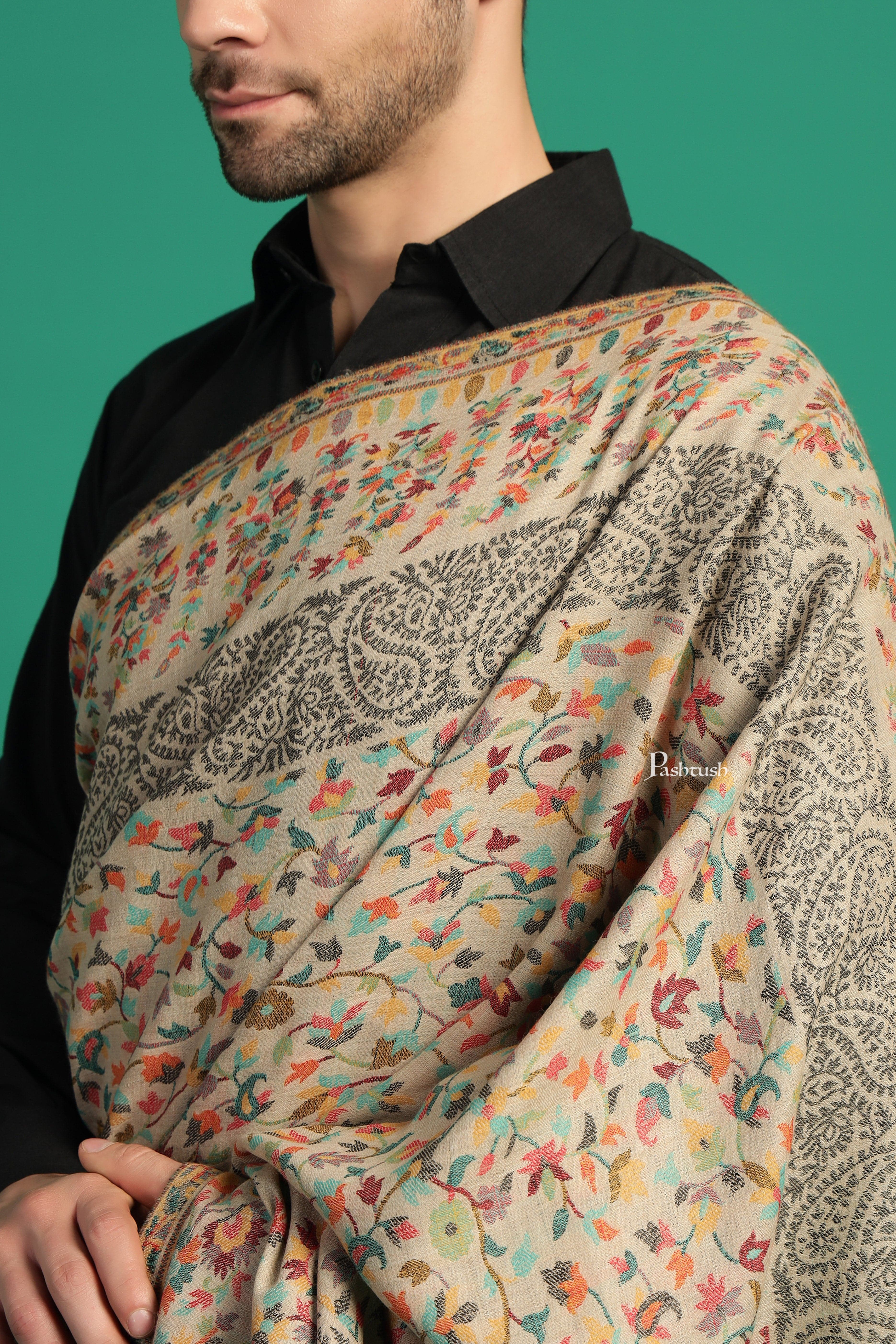 Pashtush Mens Extra Fine Wool Shawl, Paisley Design, Beige - Image 4