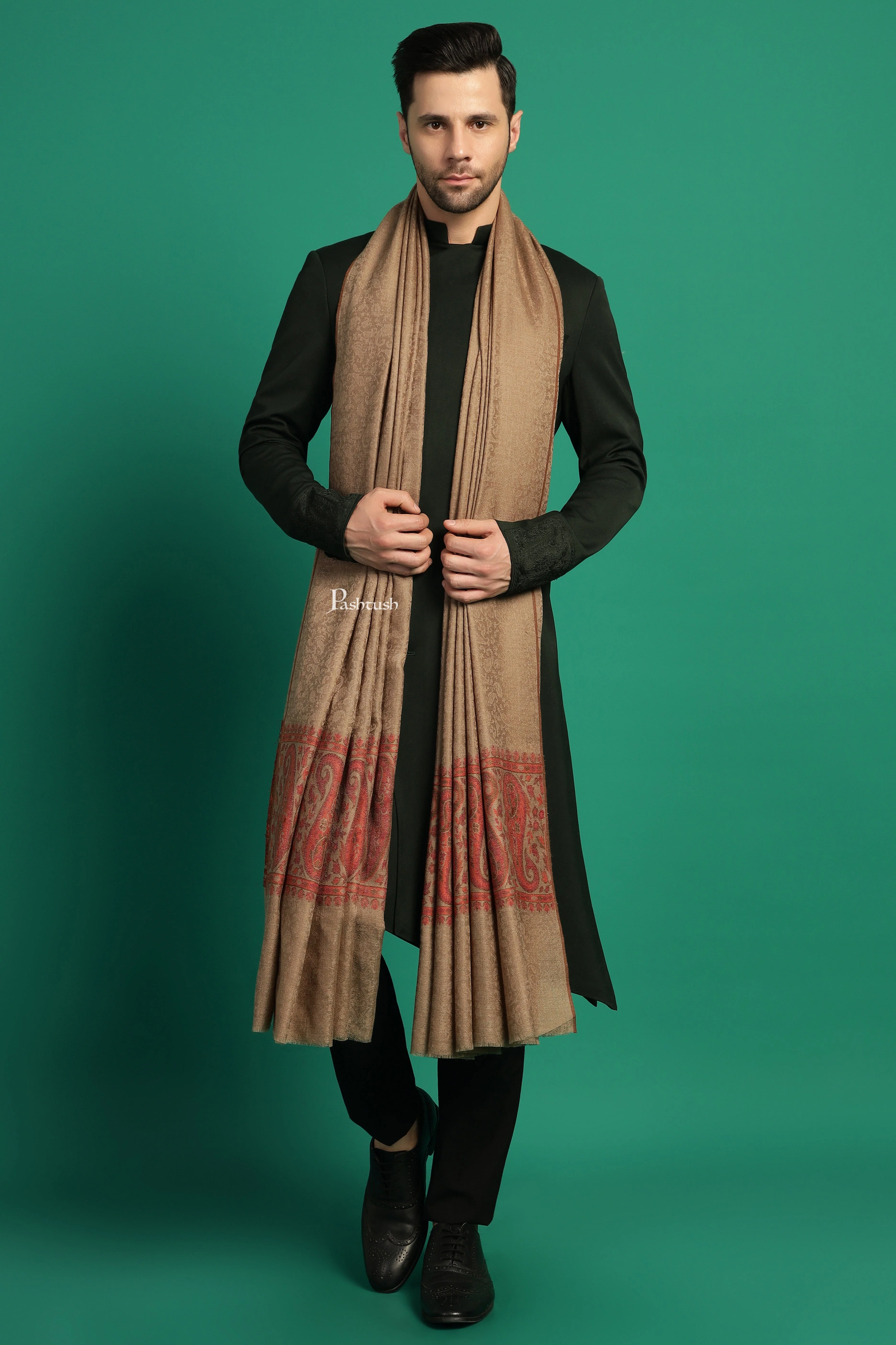 Pashtush Mens Extra Fine Wool Shawl, Paisley Design, Taupe - Image 2