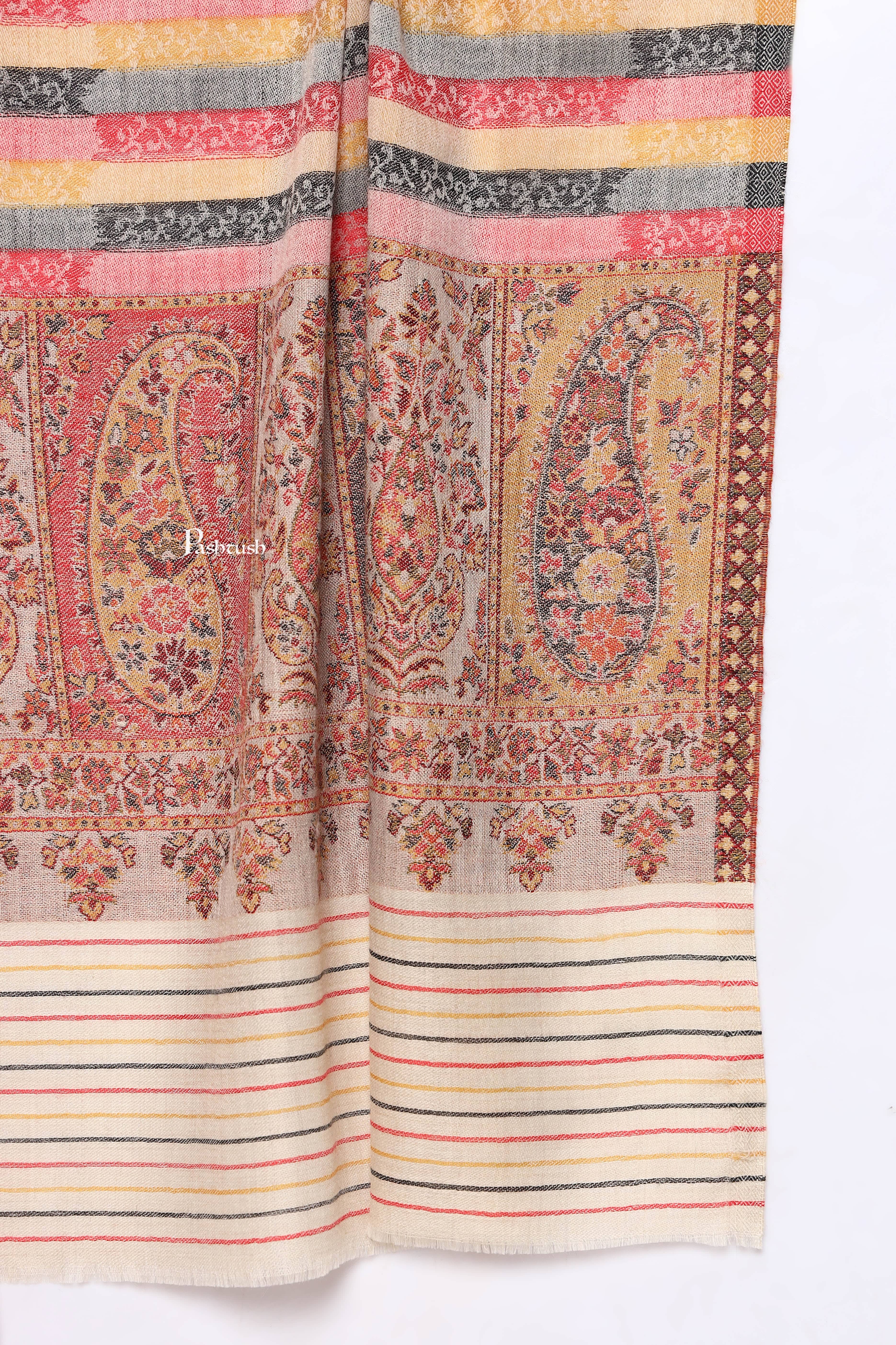 Pashtush Mens Extra Fine Wool Stole, Ambi Palla Design, Beige - Image 2