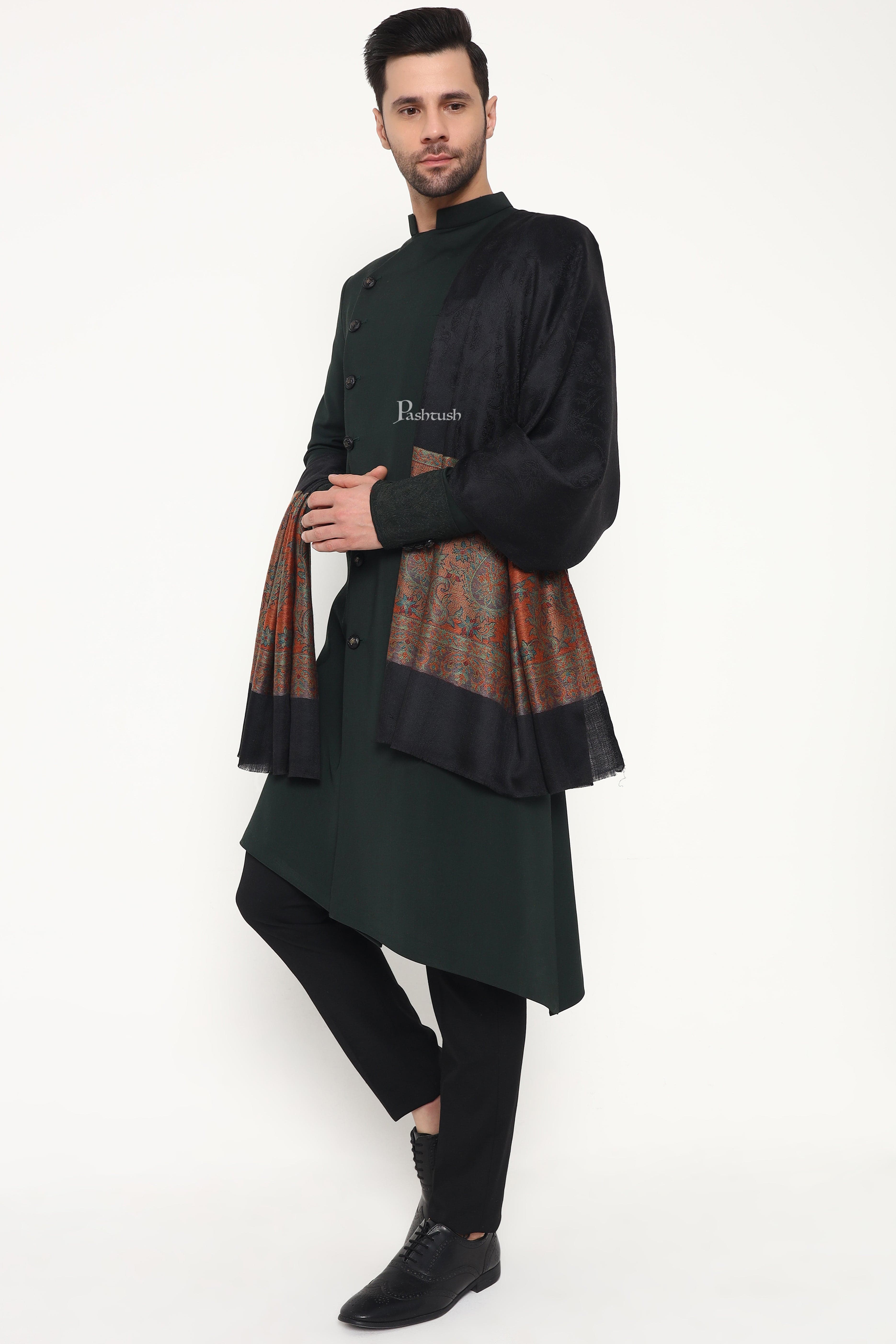 Pashtush Mens Extra Fine Wool Stole, Ambi Palla Design, Black - Image 7