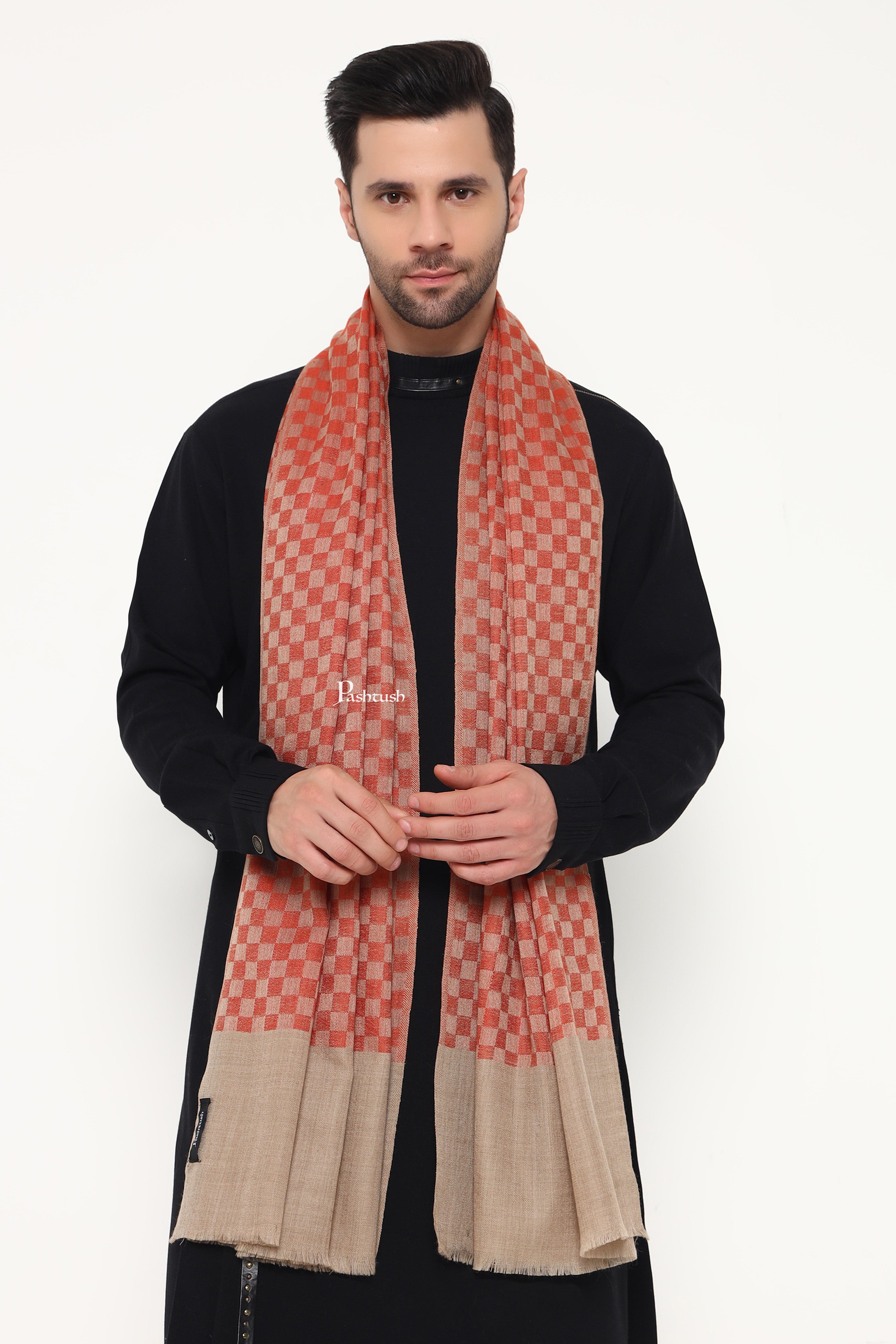 Pashtush Mens Extra Fine Wool Stole, Checkerd Design, Orange - Image 3