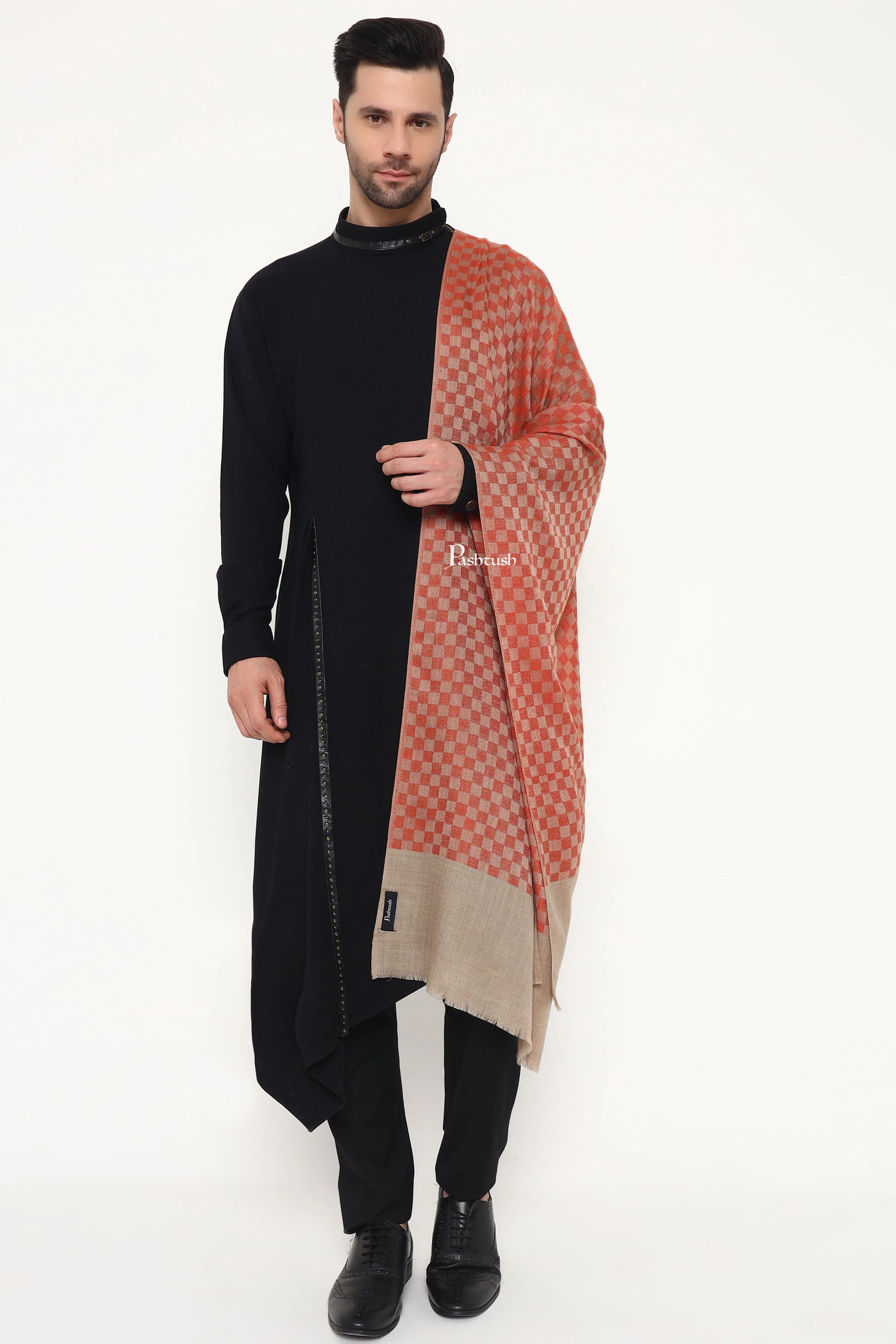 Pashtush Mens Extra Fine Wool Stole, Checkerd Design, Orange - Image 7