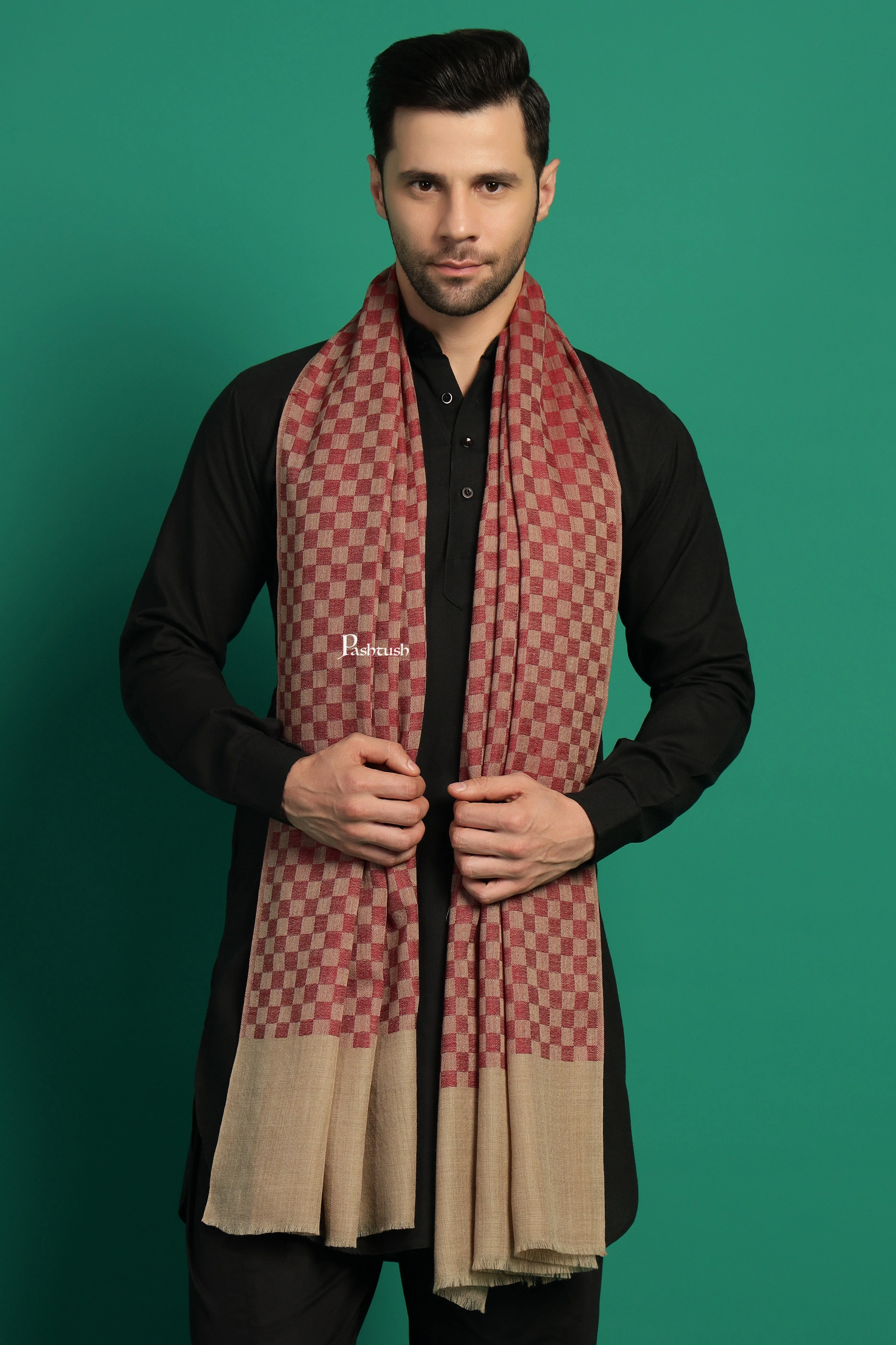 Pashtush Mens Extra Fine Wool Stole, Checkered Design, Maroon - Image 3