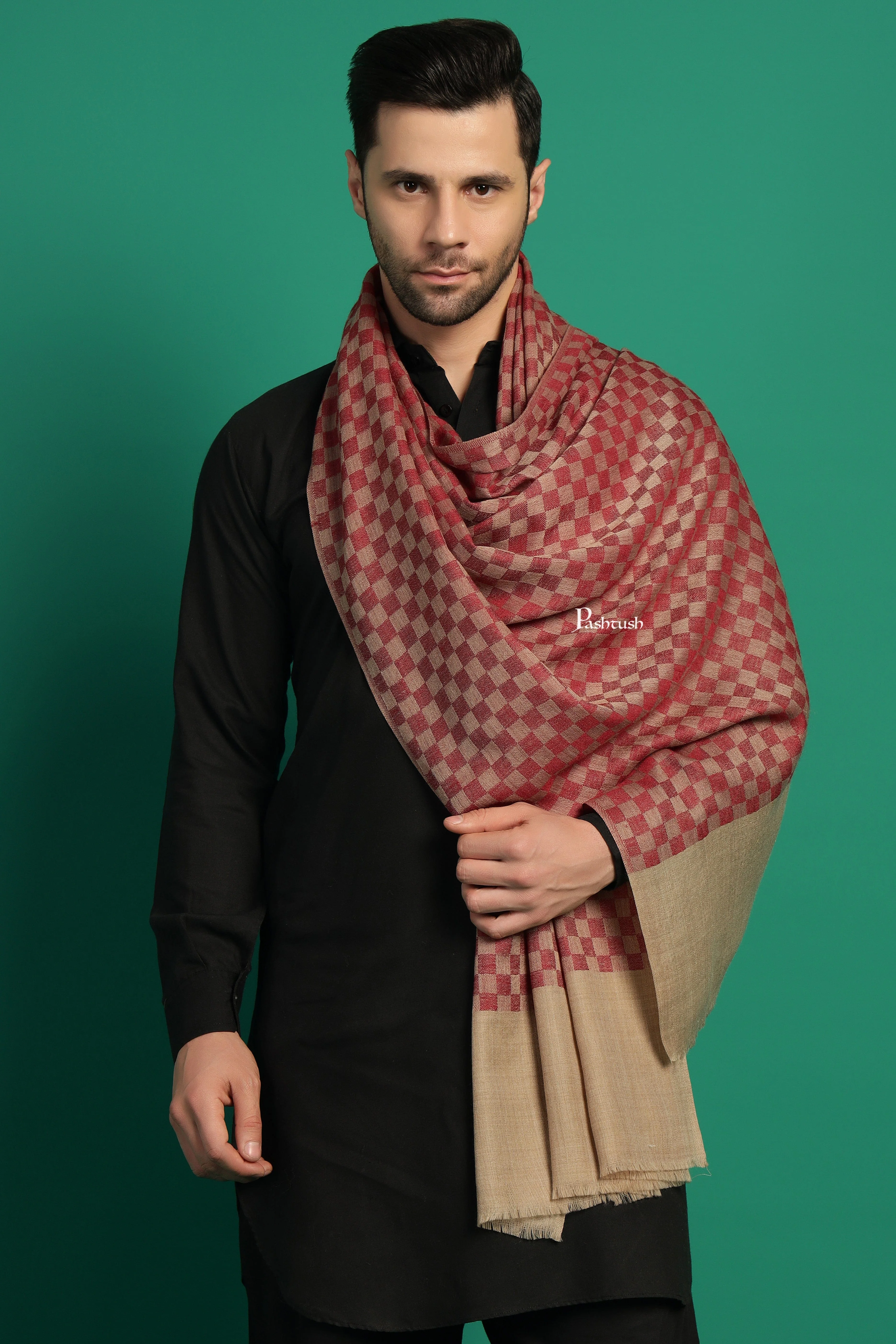 Pashtush Mens Extra Fine Wool Stole, Checkered Design, Maroon - Image 4