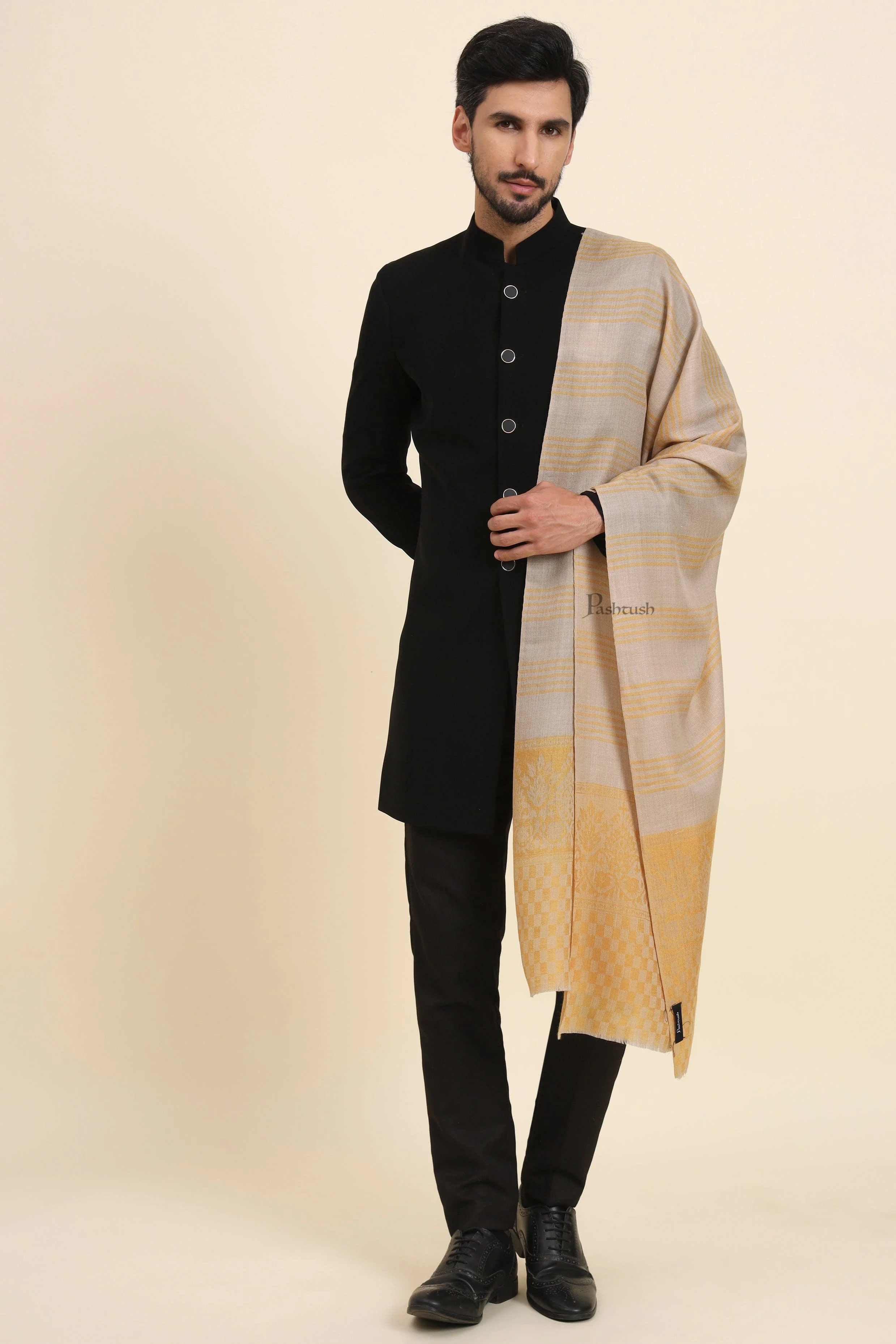 Pashtush Mens Extra Fine Wool Stole, Checkered Palla With Striped Design, Mustard - Image 2