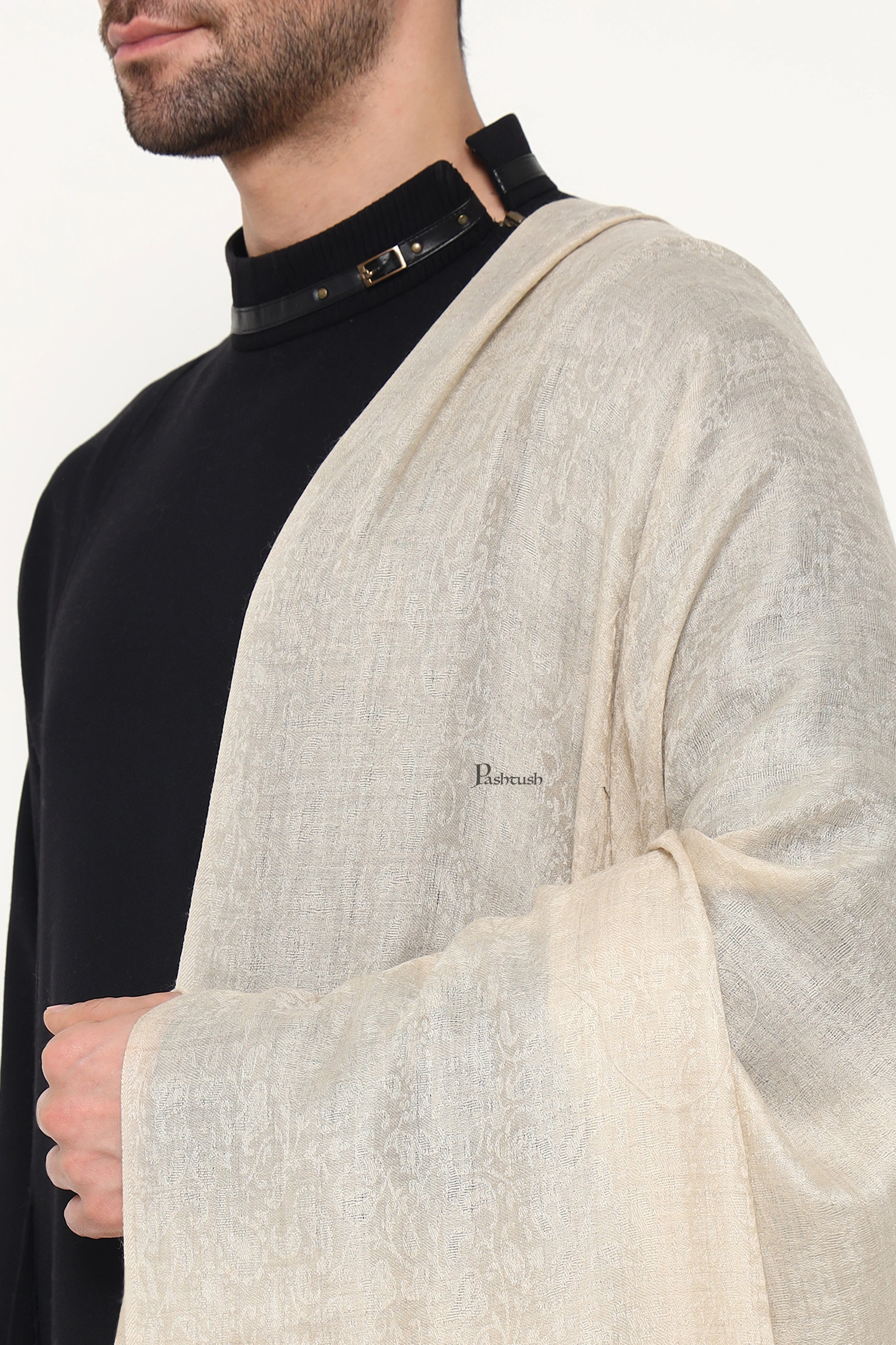 Pashtush Mens Extra Fine Wool Stole, Ethnic Weave Design, Beige - Image 5